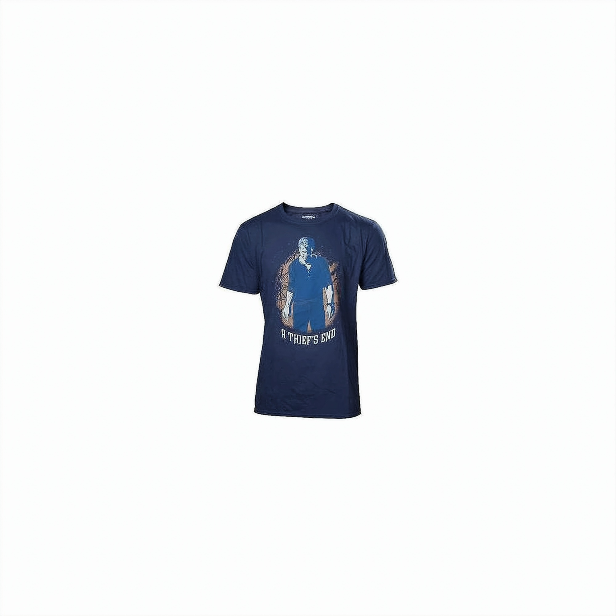 Ein dunkelblaues T-Shirt mit einem Grafikdesign, das die Silhouette einer Person und den Text 'A Thief's End' zeigt.