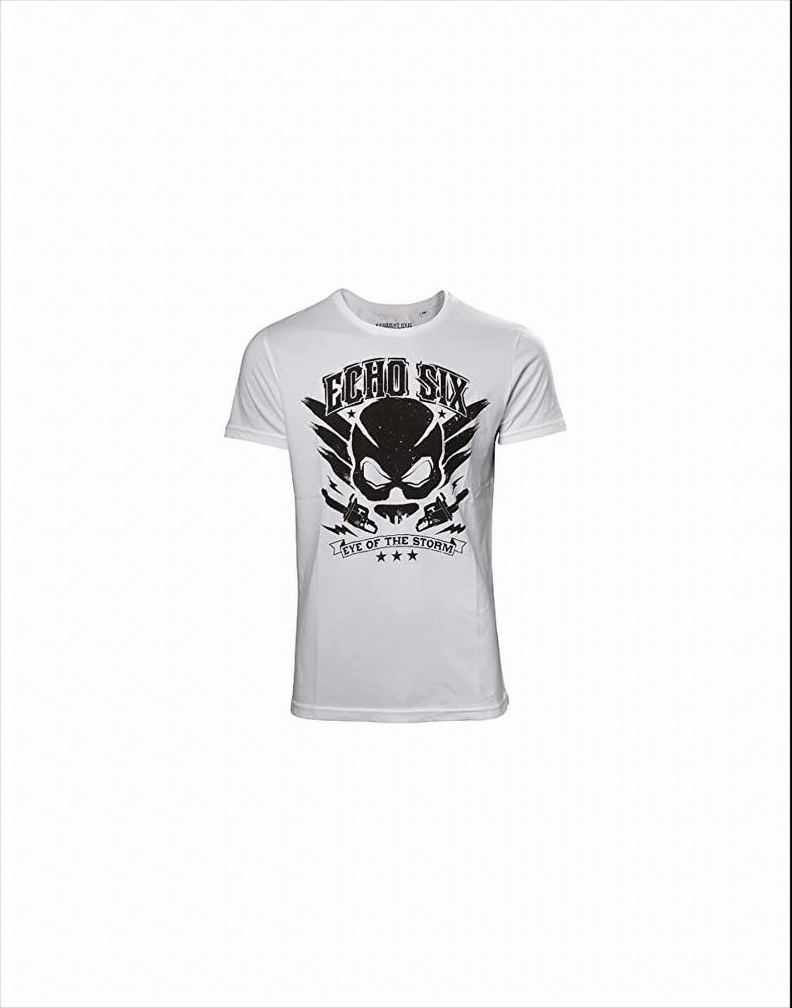 Weißes T-Shirt mit Totenkopf-Grafik und Text 'ECHO SIX EYE OF THE STORM' und Sternen auf weißem Hintergrund.
