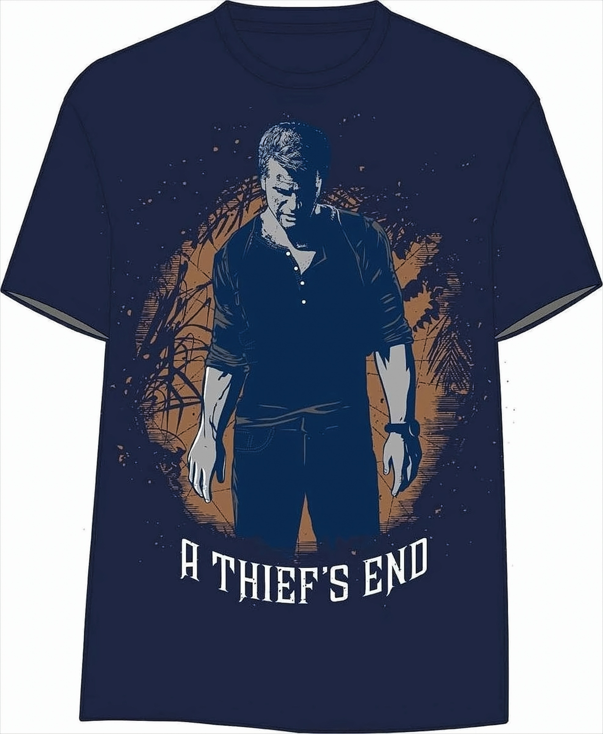 Ein dunkelblaues T-Shirt mit einer Grafik eines Mannes und dem Text 'A Thief's End'. Brauner und weißer Hintergrund.