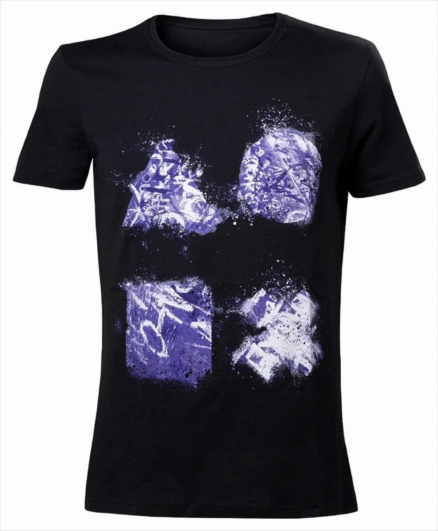 Schwarzes T-Shirt mit vier lilafarbenen, bespritzten Bildern auf der Vorderseite.