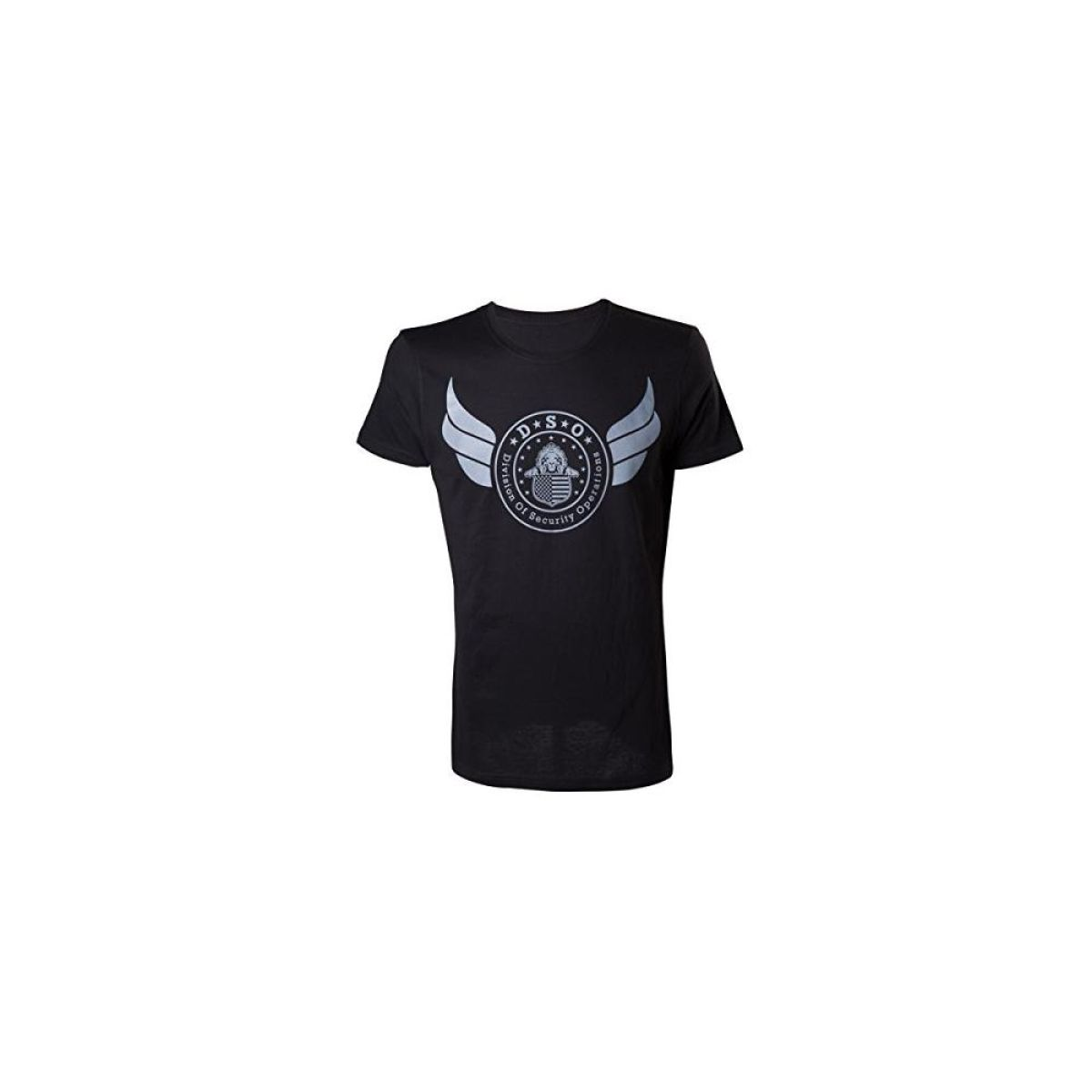 Schwarzes T-Shirt mit einem Logo mit Flügeln und den Buchstaben D.S.O.