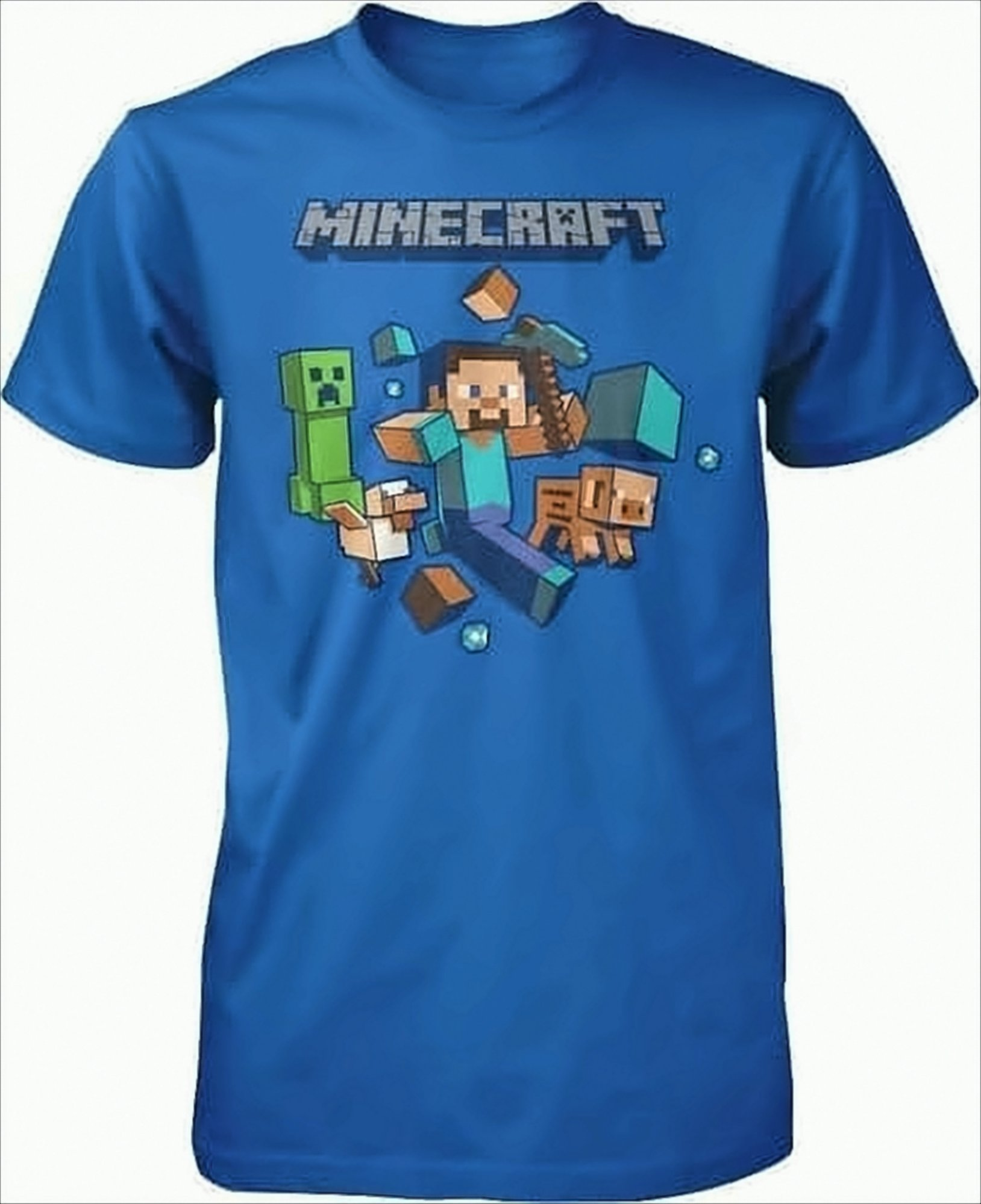 Blaues Minecraft T-Shirt mit Minecraft-Charakteren und Logo.