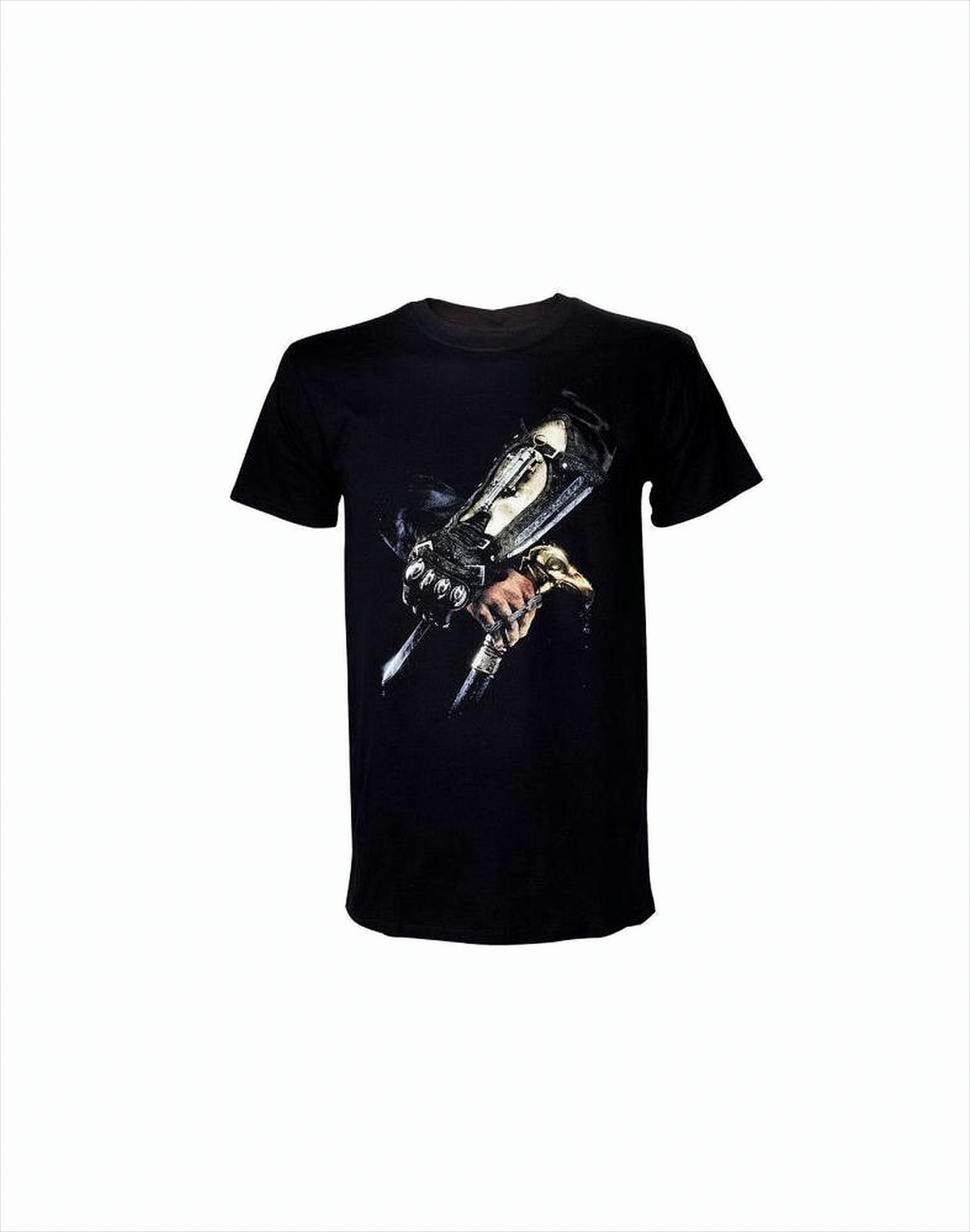 Schwarzes T-Shirt mit einer Grafik eines Roboterarms, der Messer hält. Der Hintergrund ist weiß.