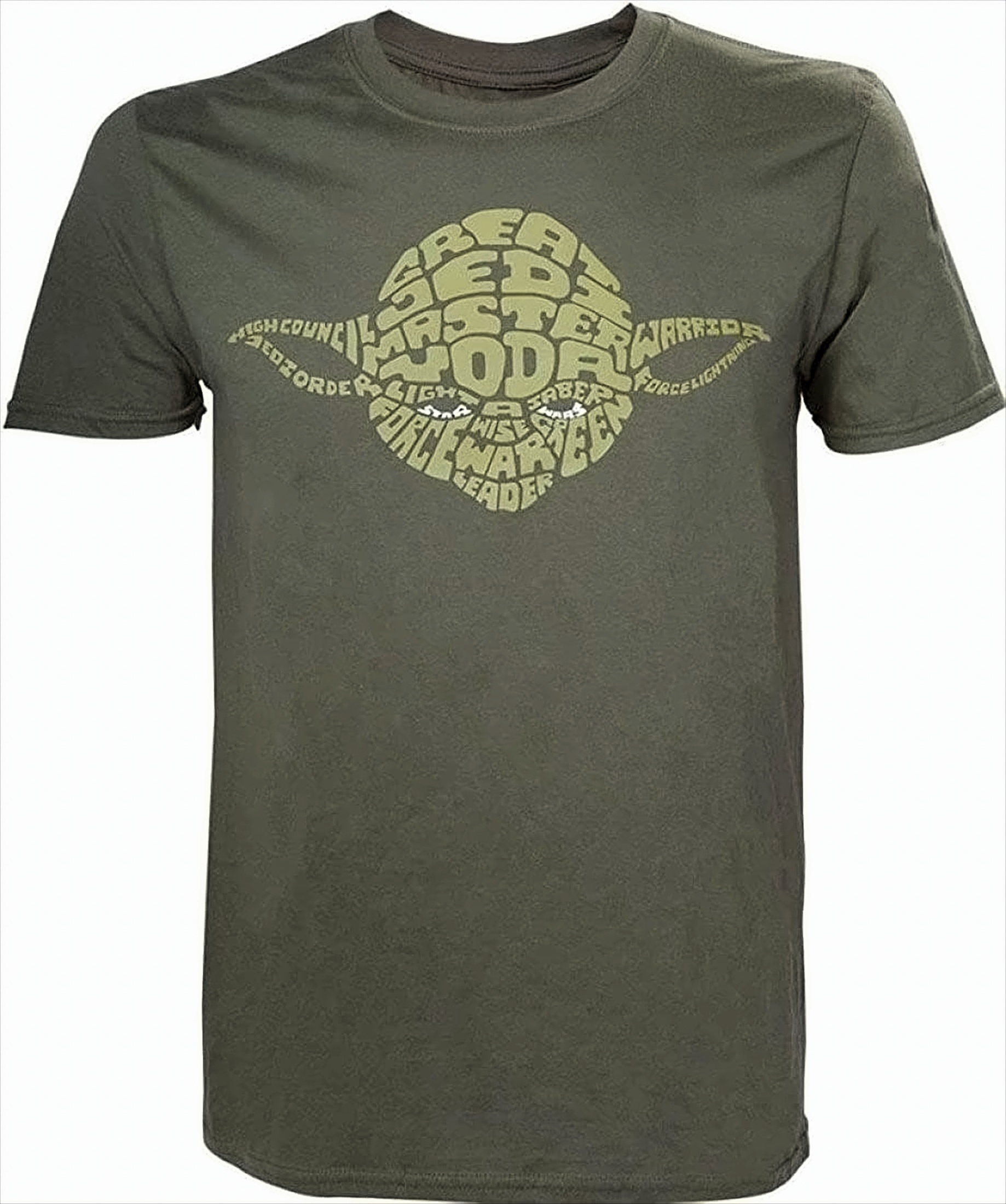 Grünes T-Shirt mit Yodas Gesicht aus Text, der 'Great Jedi Master Yoda' sagt.