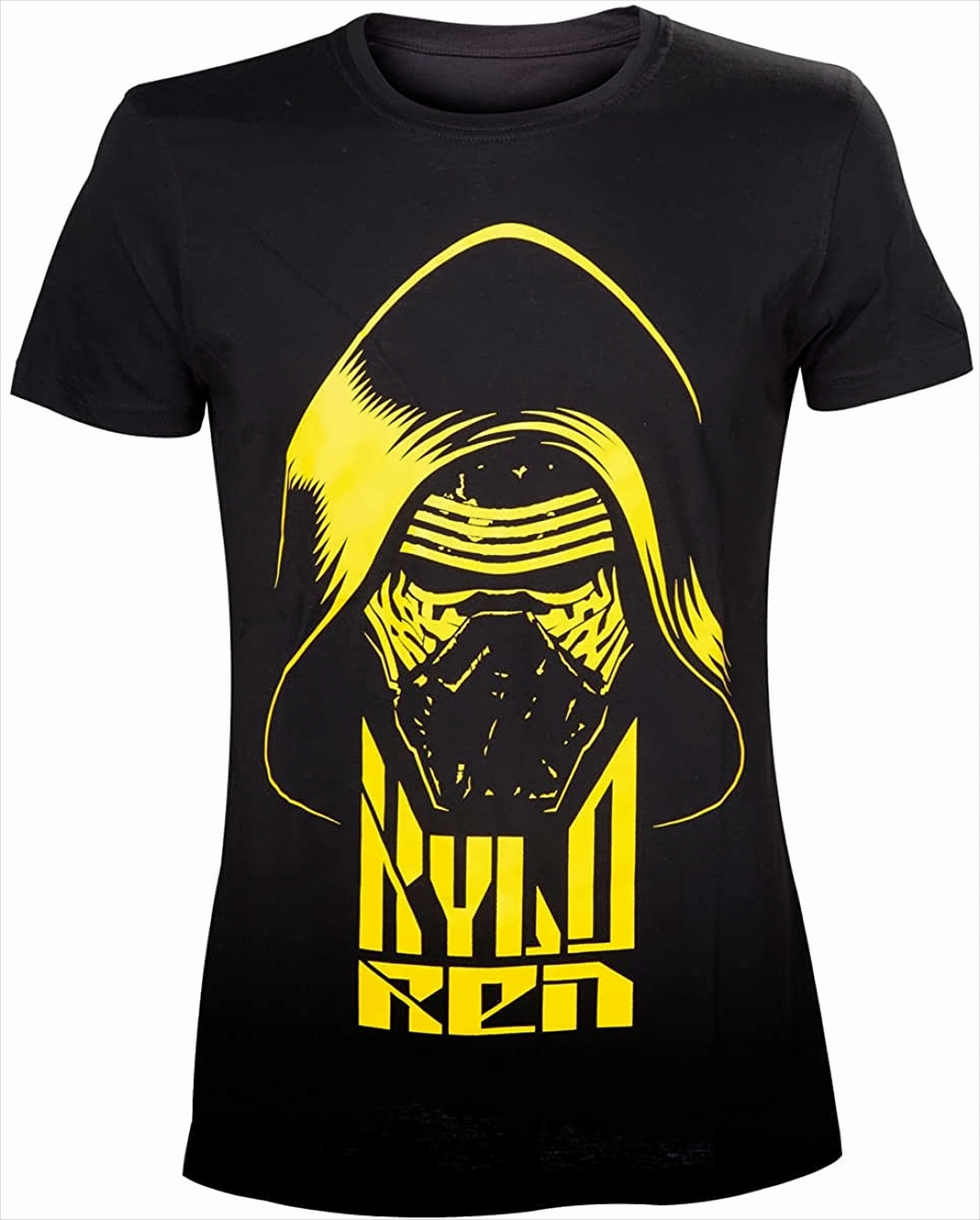 Schwarzes T-Shirt mit Kylo Rens Maske und Namen in Gelb.