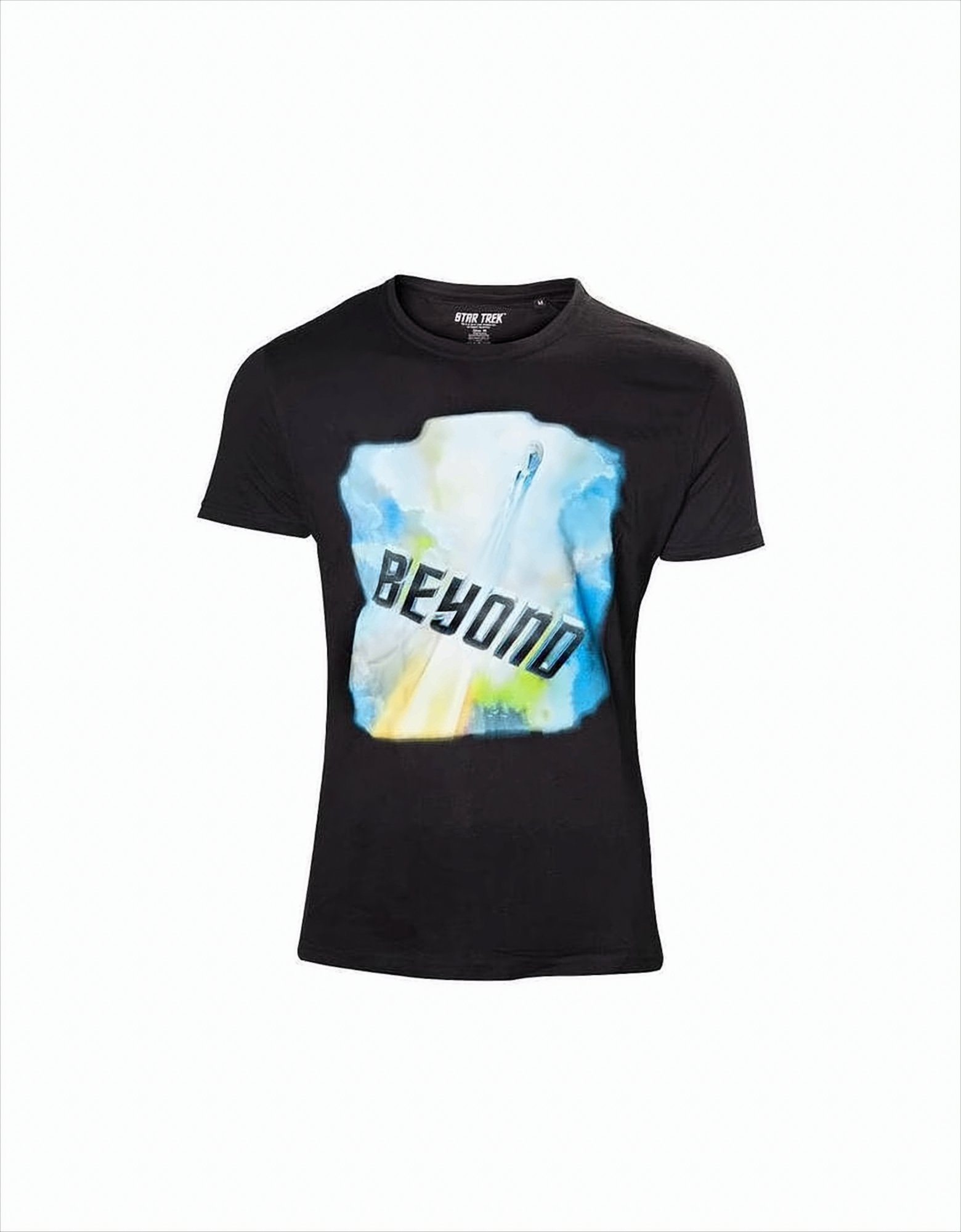 Schwarzes T-Shirt mit dem Wort 'BEYOND' in Weiß und Blau über einem abstrakten Design.