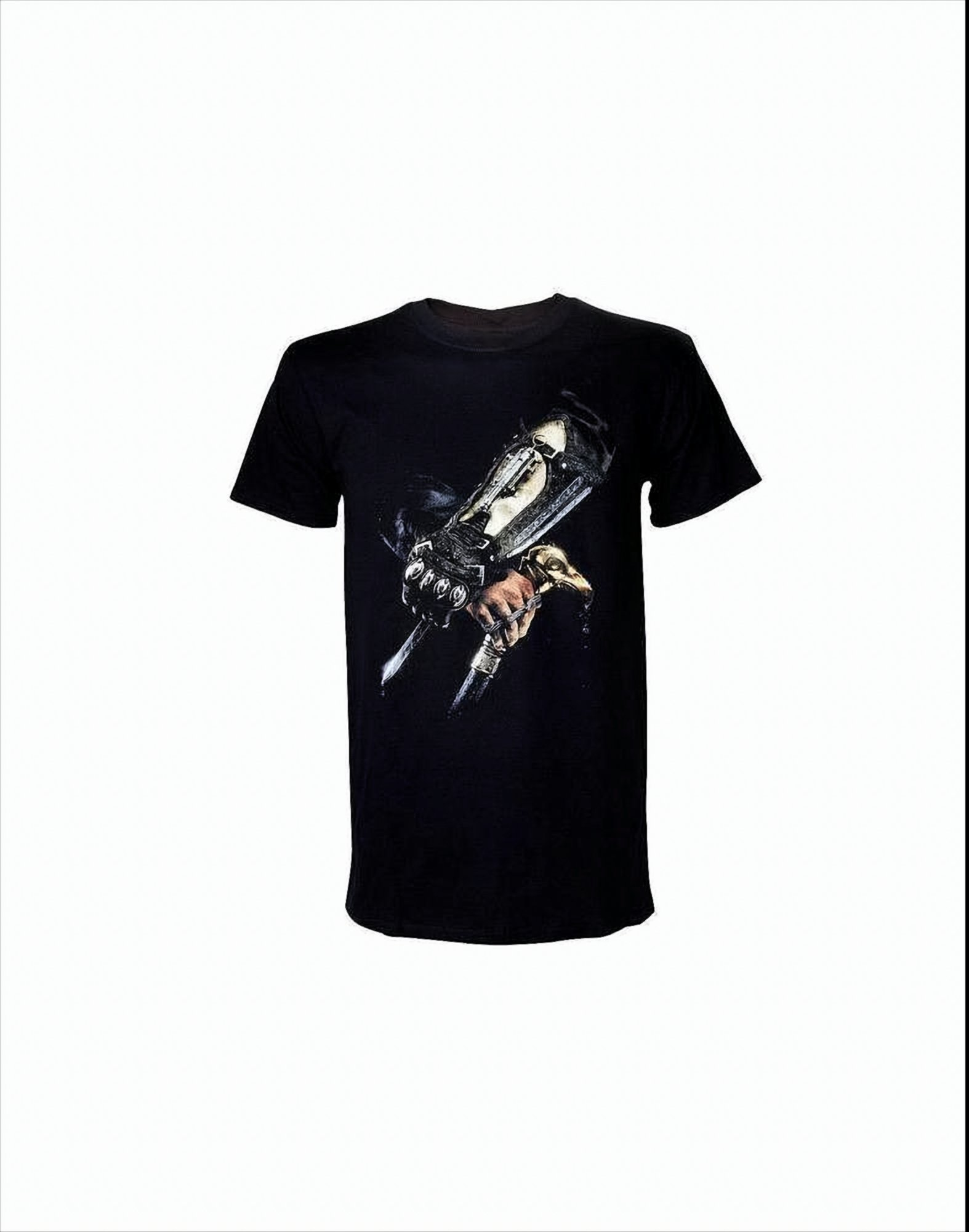 Schwarzes T-Shirt mit Grafik einer behandschuhten Hand, die Messer hält, dunkles Thema, weißer Hintergrund.