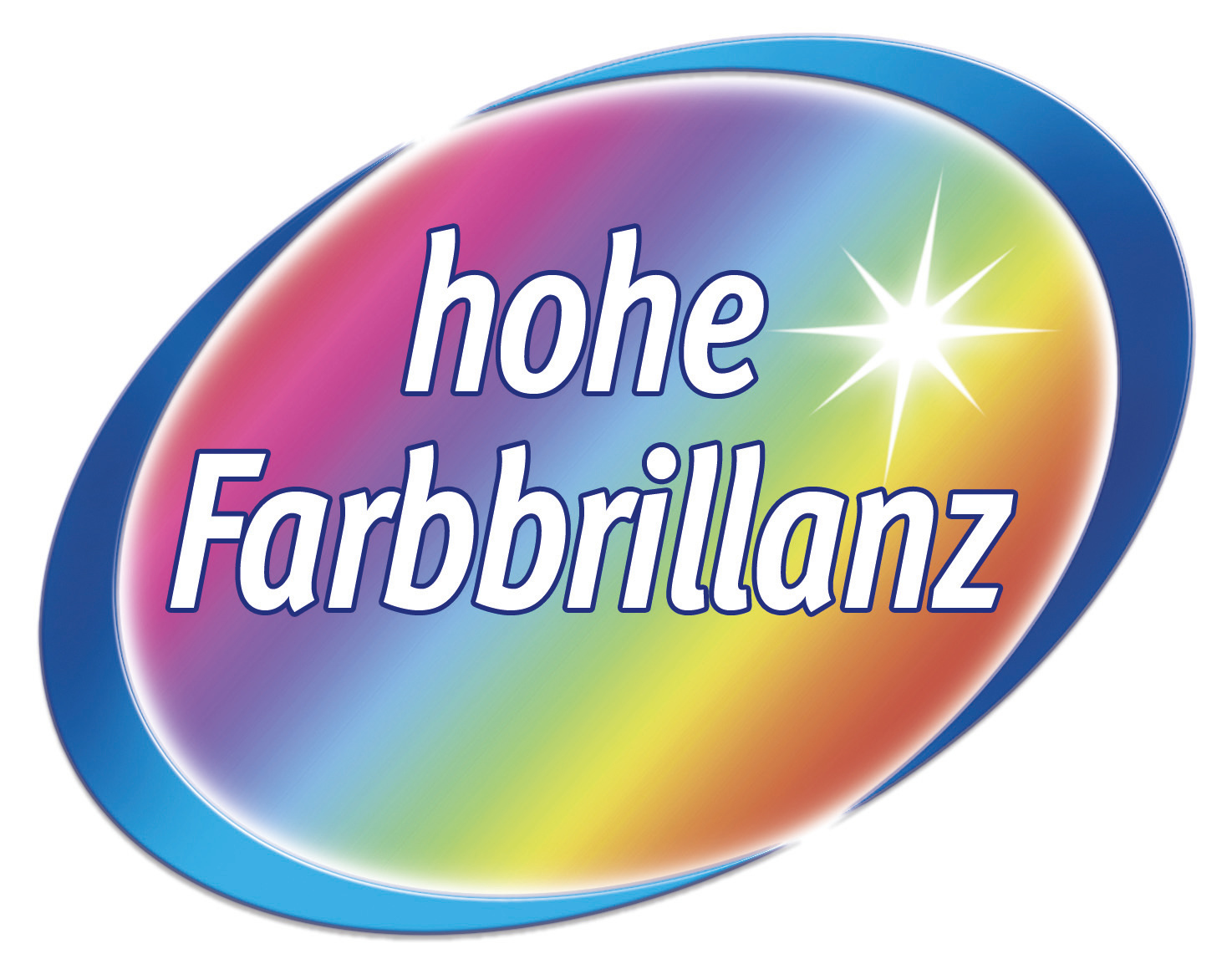 Logo mit buntem Hintergrund und Text. Der Text lautet 'hohe Farbbrillanz' in Weiß, blau umrandet.
