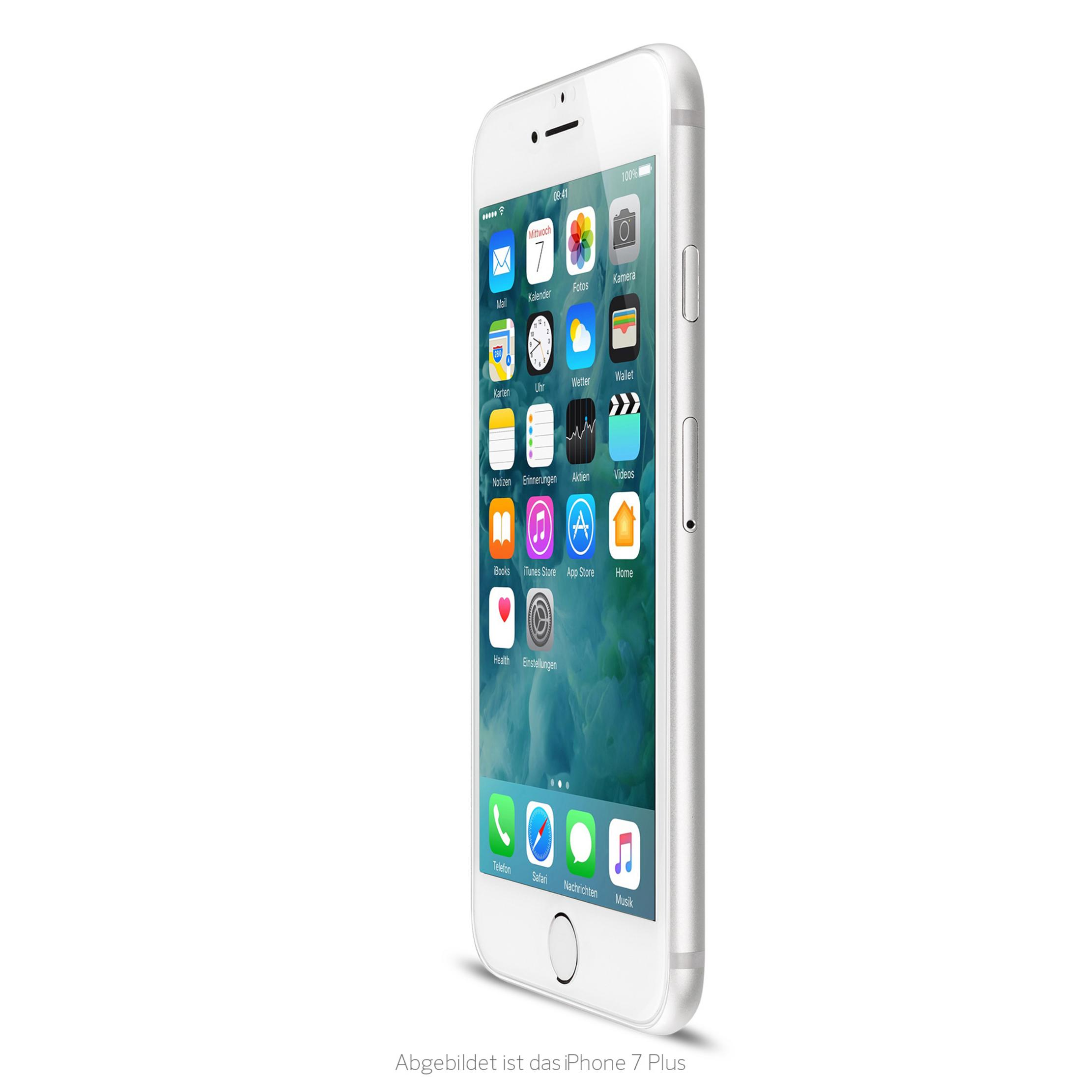 Un iPhone 7 Plus bianco su sfondo bianco, che mostra lo schermo con le icone delle app.