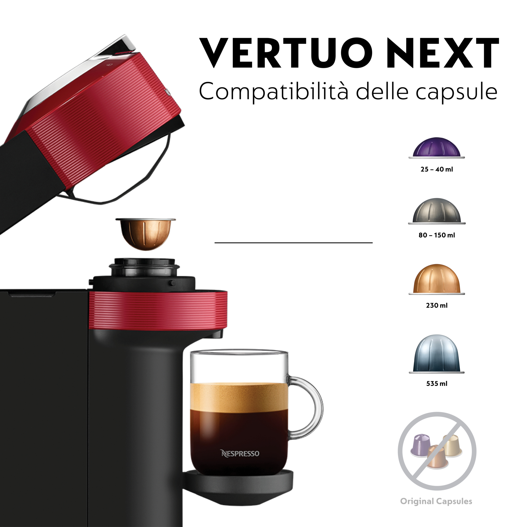 Macchina da caffè Nespresso Vertuo Next con capsule e un bicchiere di caffè.