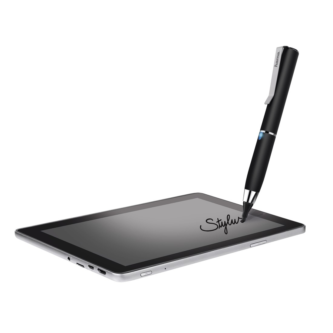 Czarny rysik pisze na ekranie tabletu, widoczne jest słowo "Stylus".