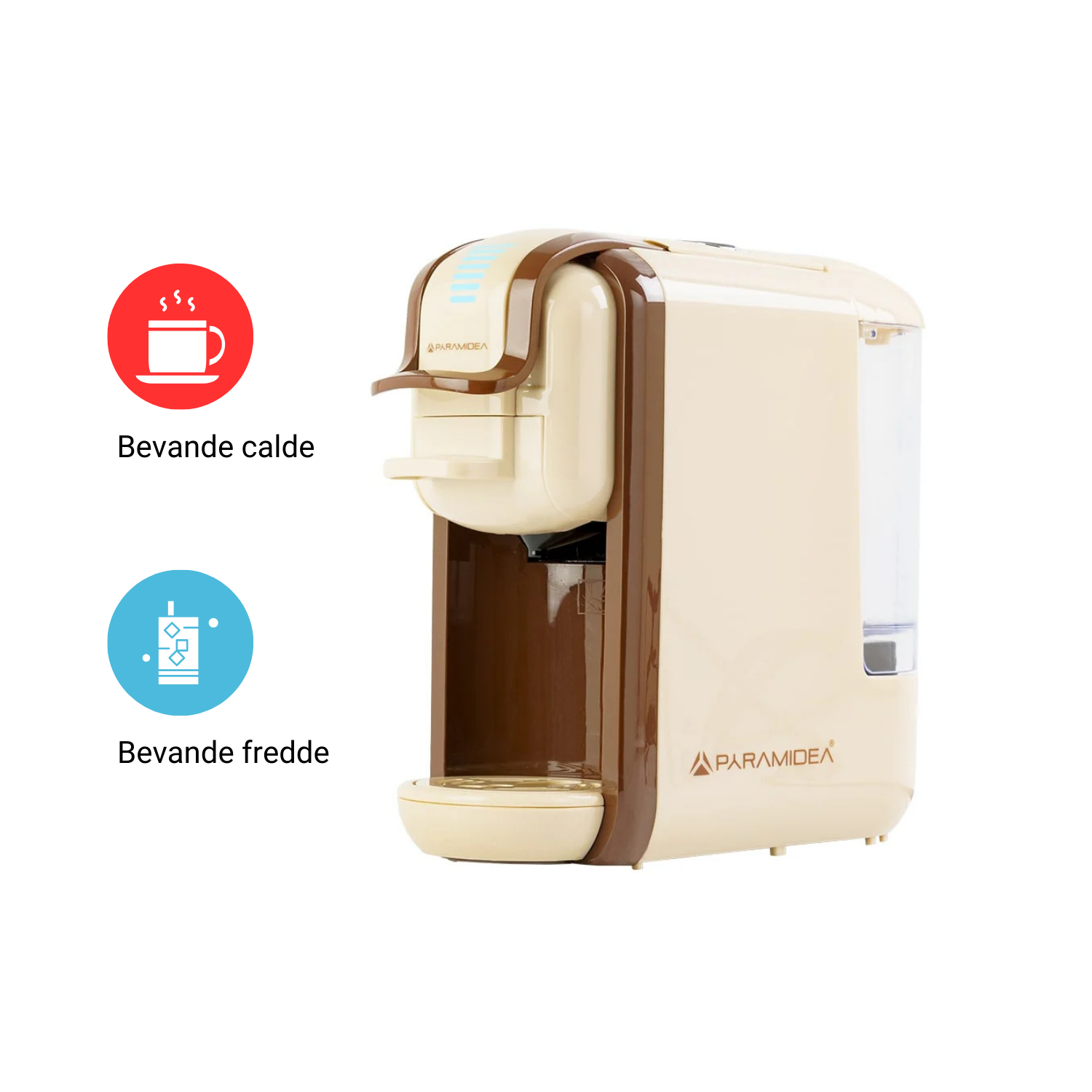 Macchina da caffè marrone e beige. Due icone indicano bevande calde e fredde.