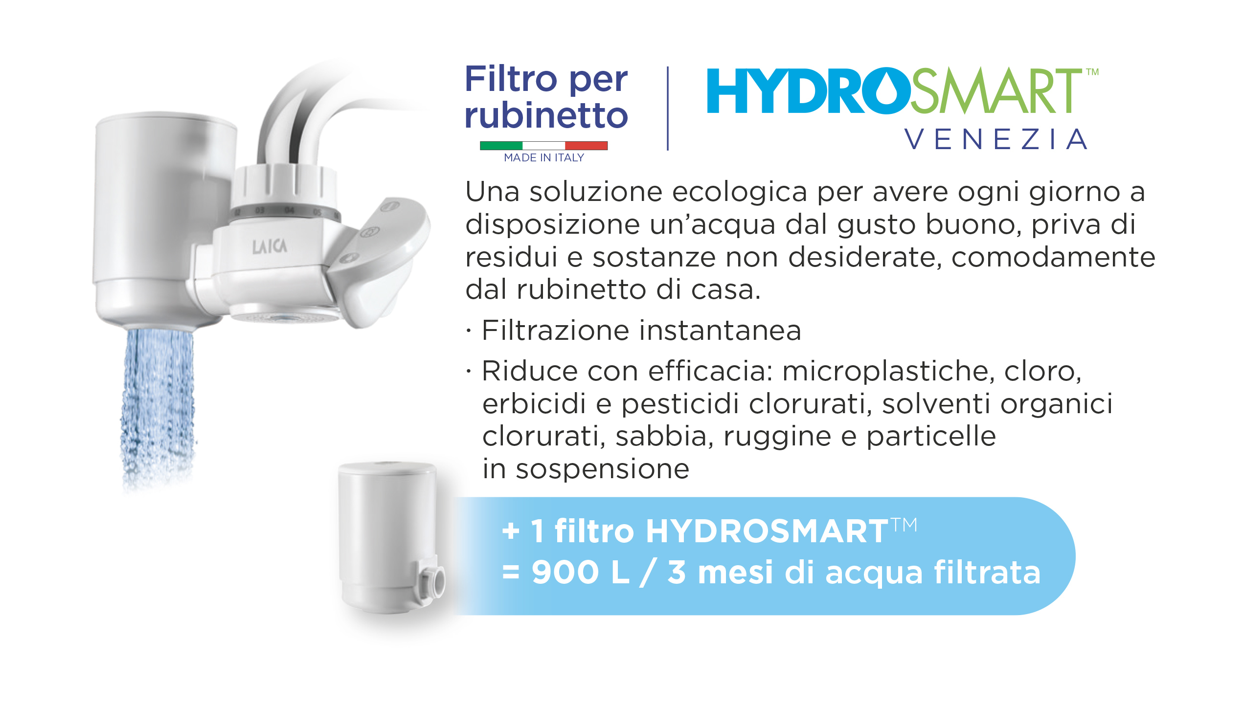 Filtro dell'acqua bianco collegato a un rubinetto, che filtra acqua blu, con testo e un filtro sotto.
