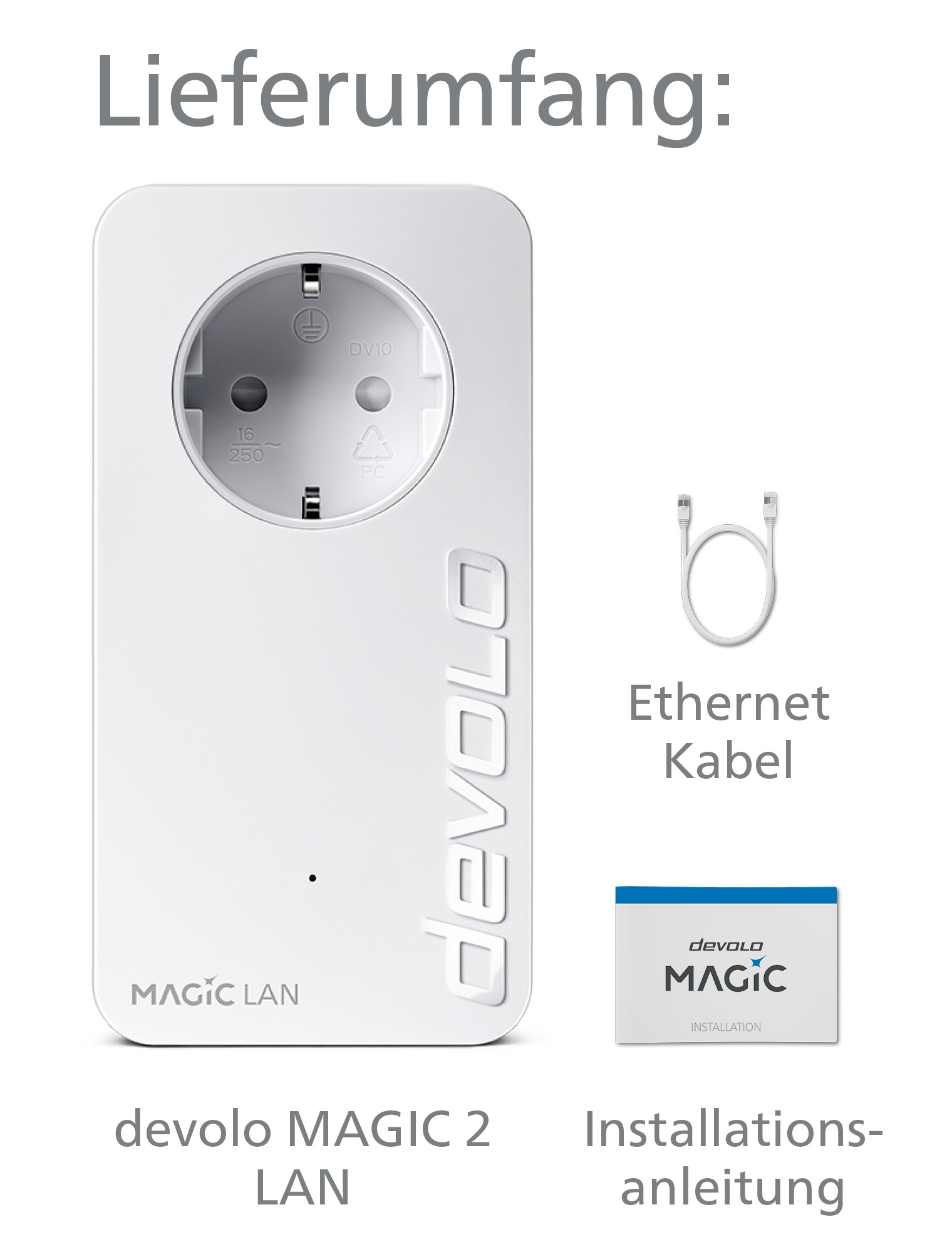 Biały adapter sieciowy, kabel Ethernet i pudełko z tekstem. Białe tło.