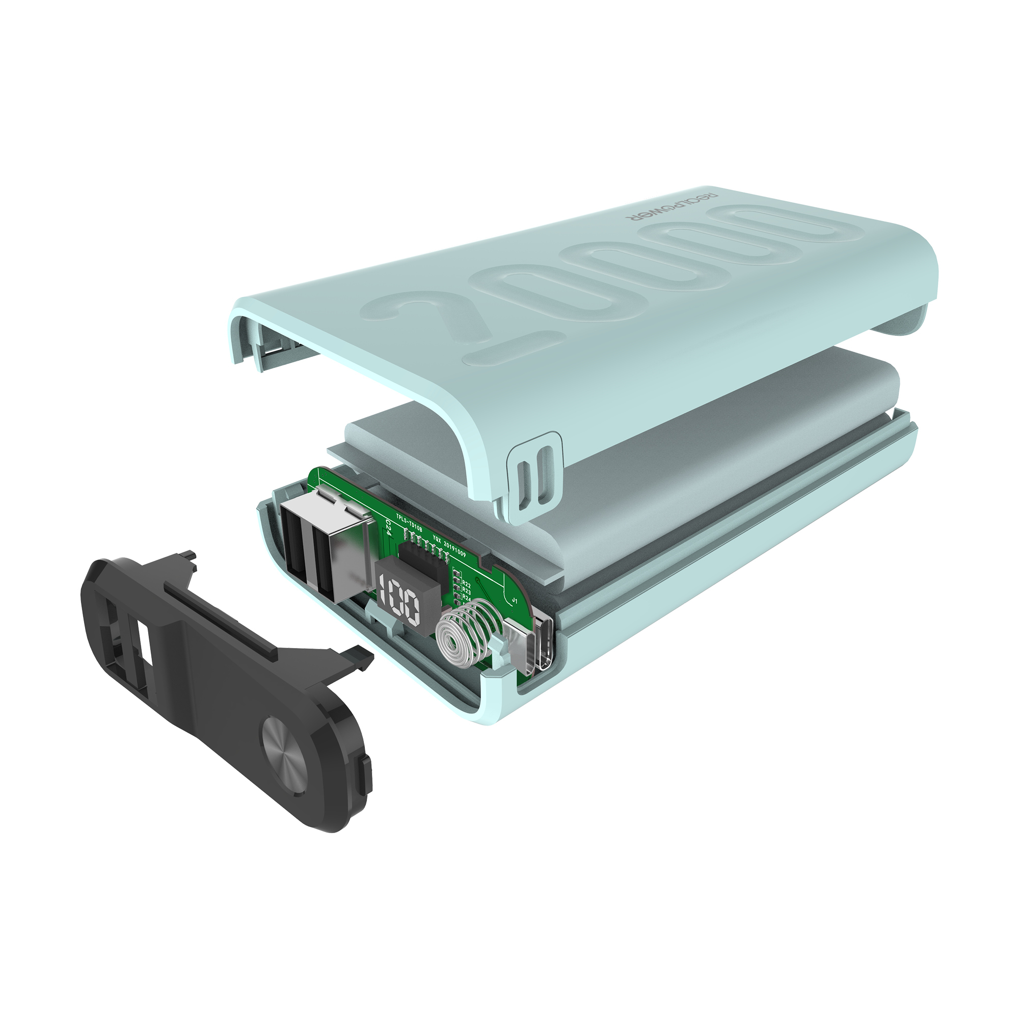 Un power bank turchese è aperto, mostrando i componenti interni, con un pezzo nero staccato.