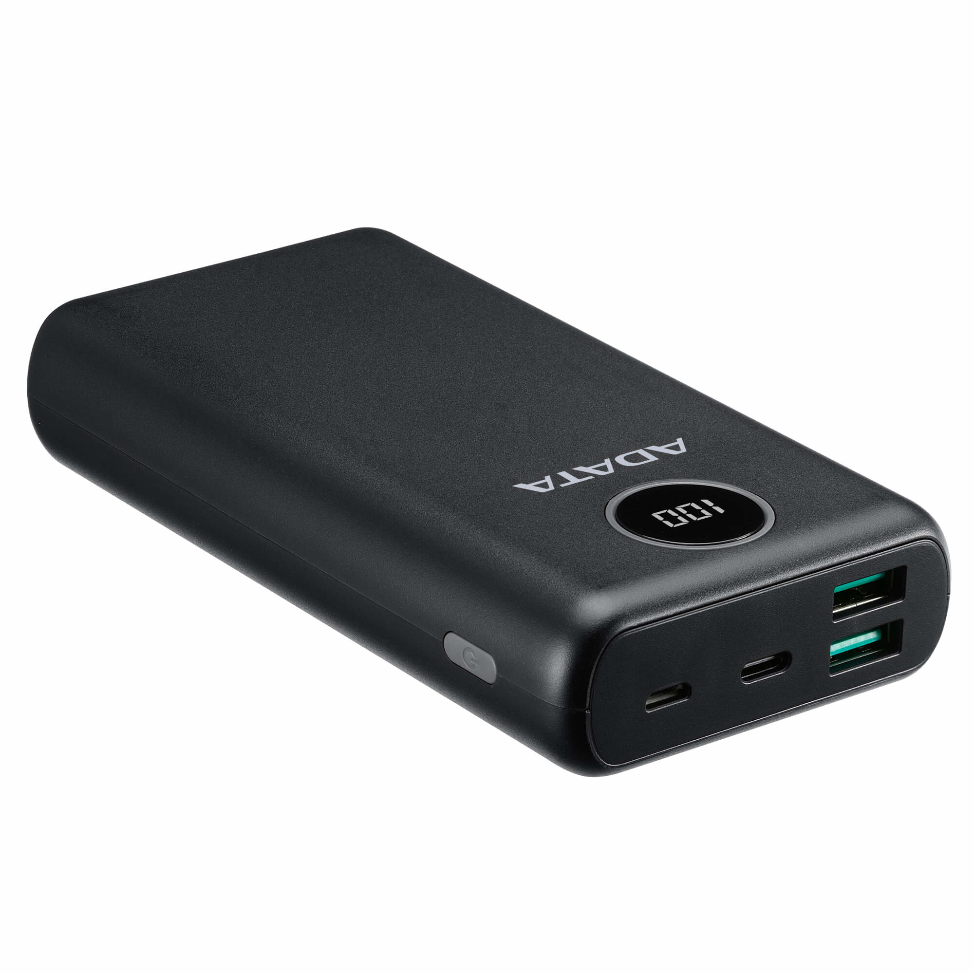 Power bank noire avec logo ADATA, affichage et ports USB.