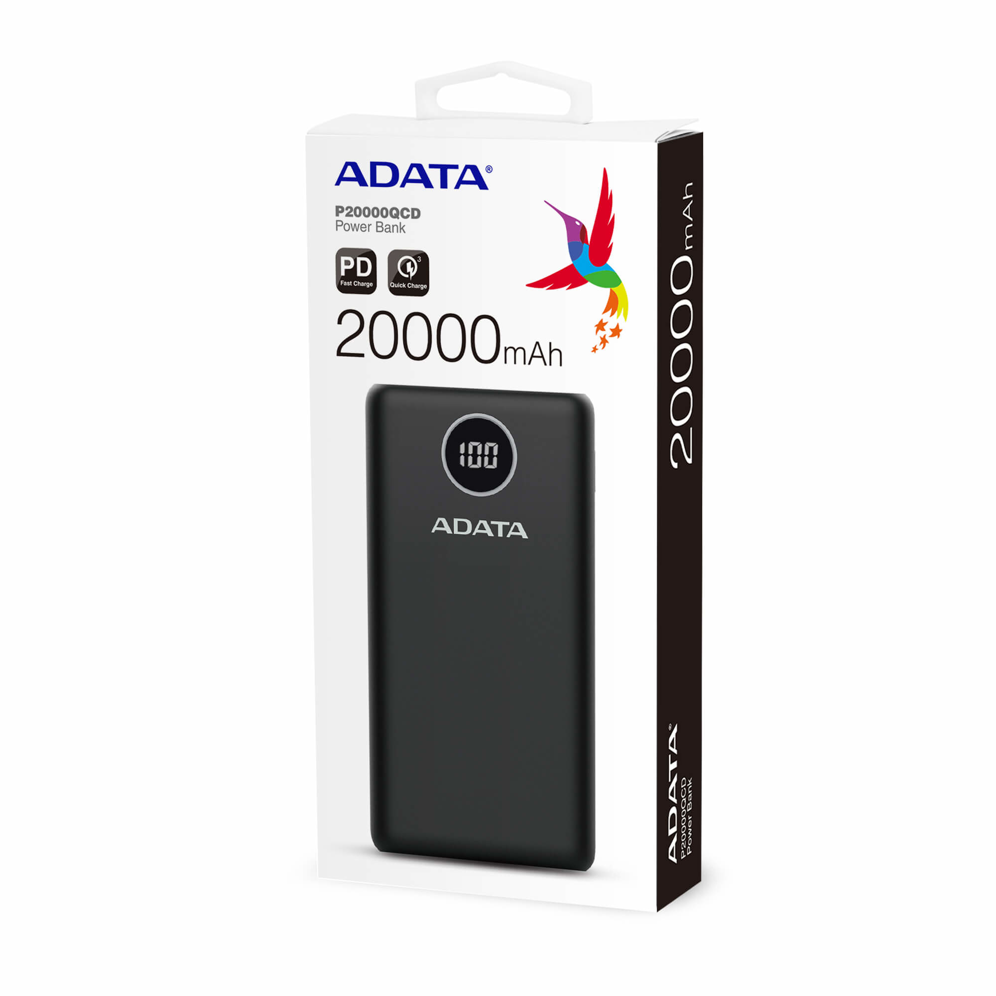Une batterie externe ADATA noire de 20000 mAh sur une boîte blanche. Un colibri coloré.