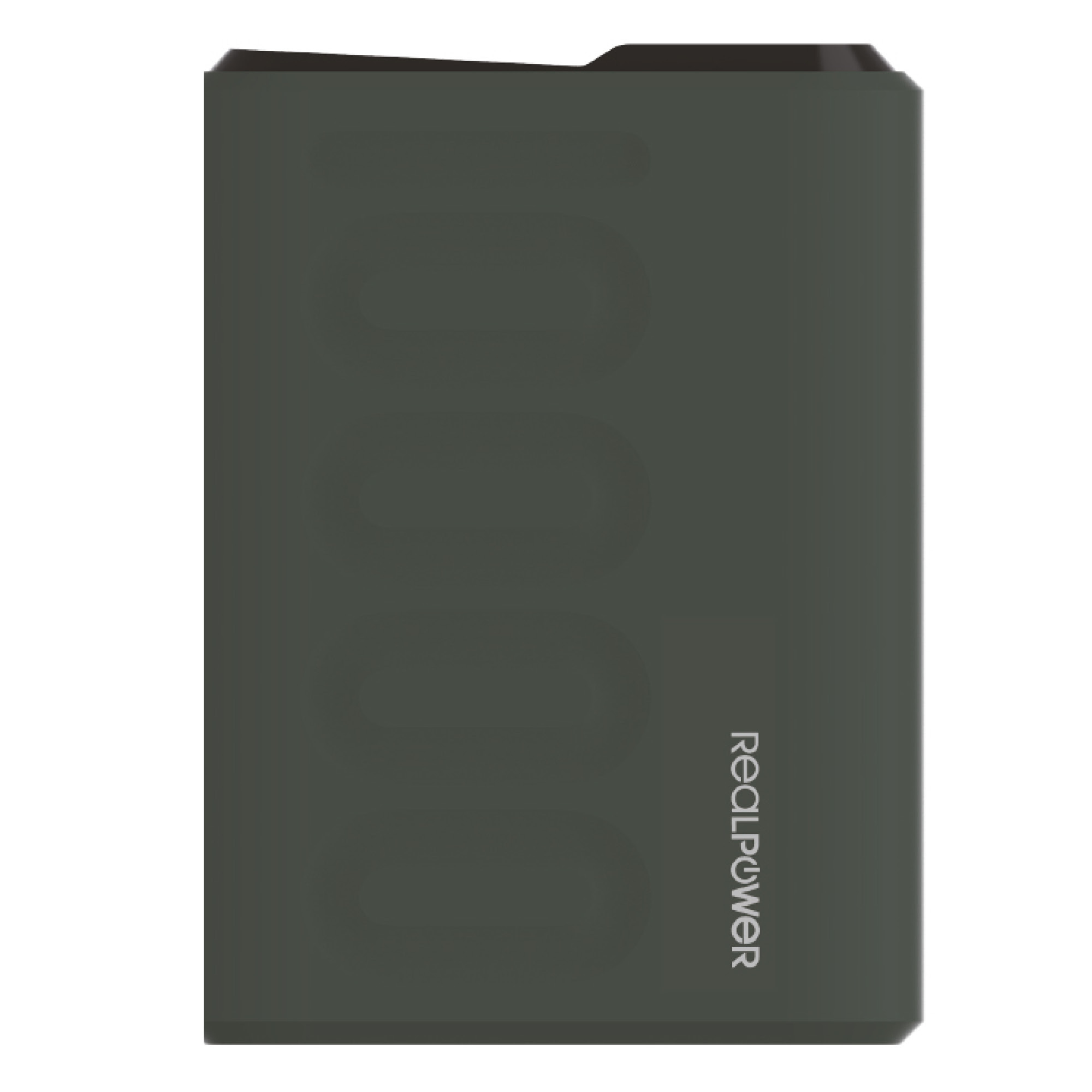 Un power bank grigio scuro. È rettangolare e ha il nome del marchio sul lato.