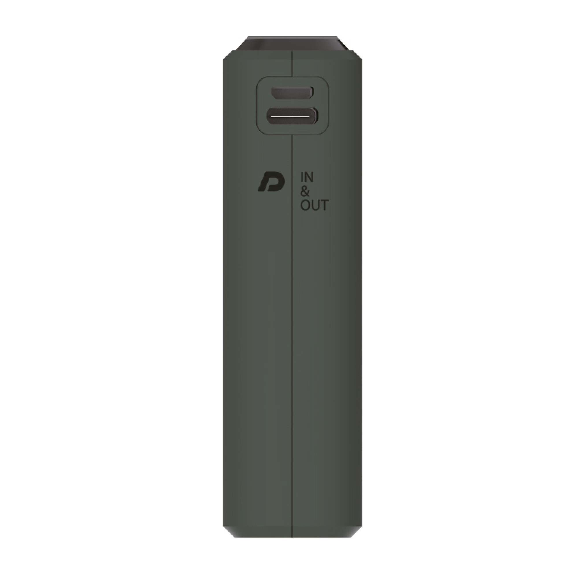 Un power bank grigio scuro con una porta USB e una porta di ricarica.