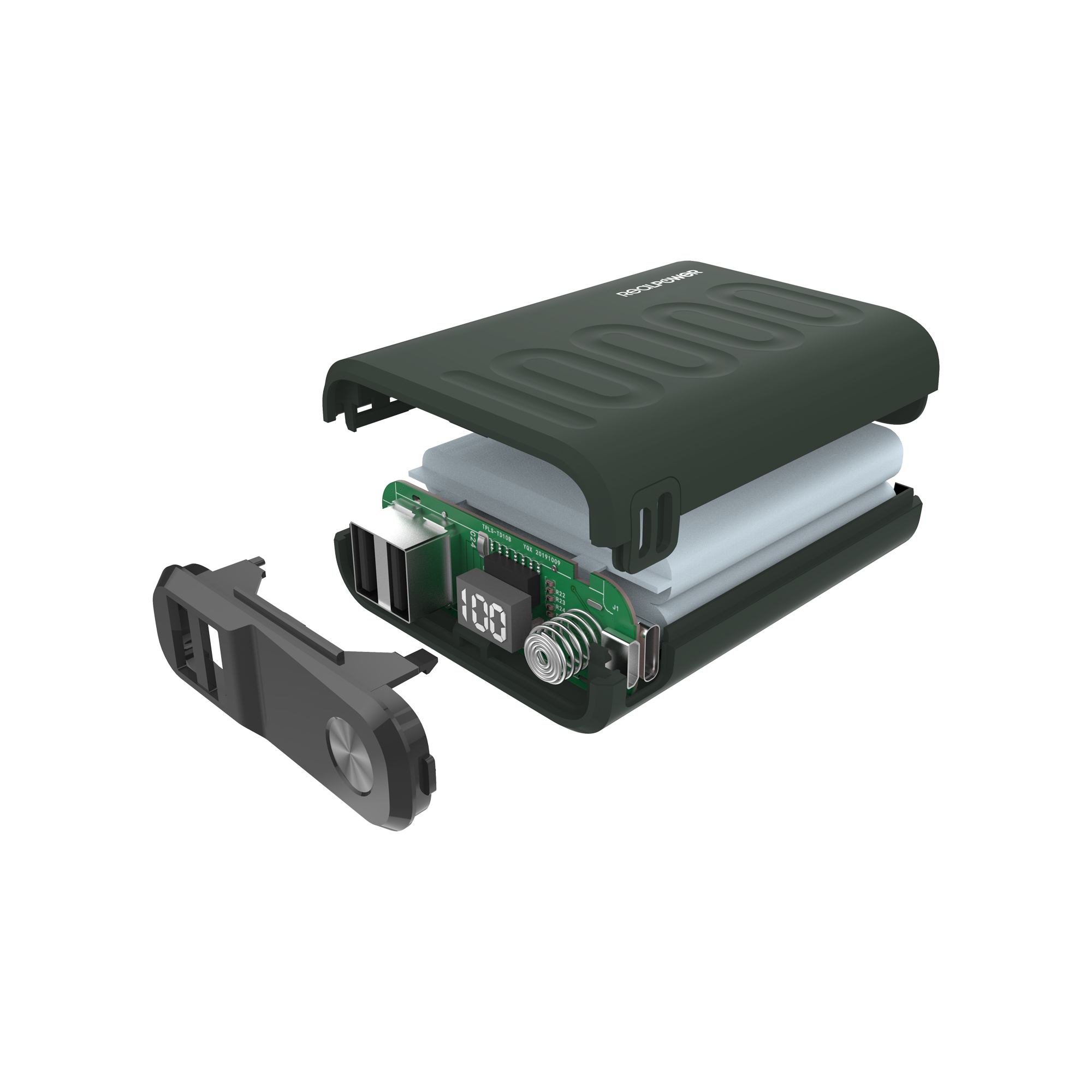 Power bank verde scuro aperto, che mostra i componenti interni.