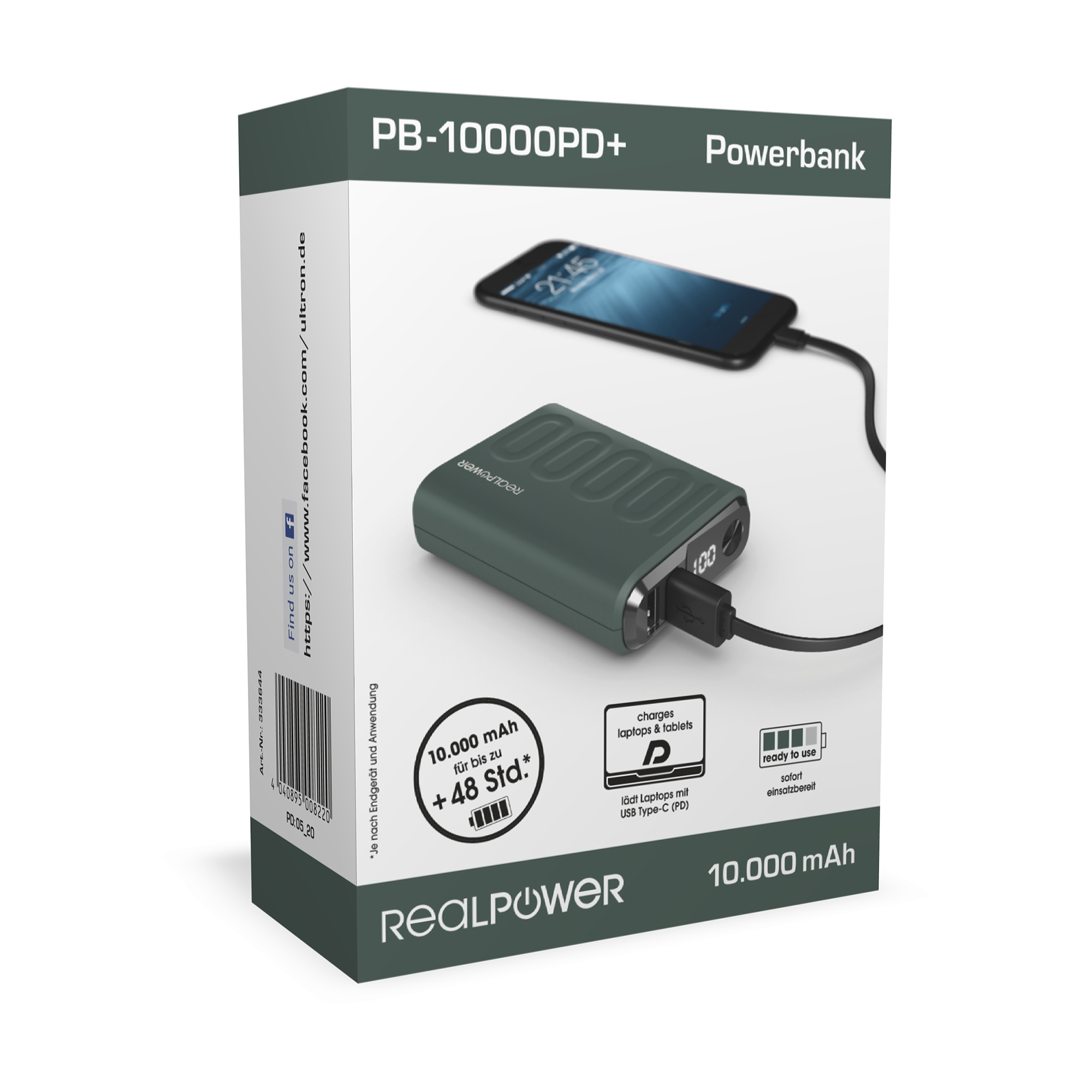 Scatola di un power bank con telefono in carica e dettagli su sfondo bianco.