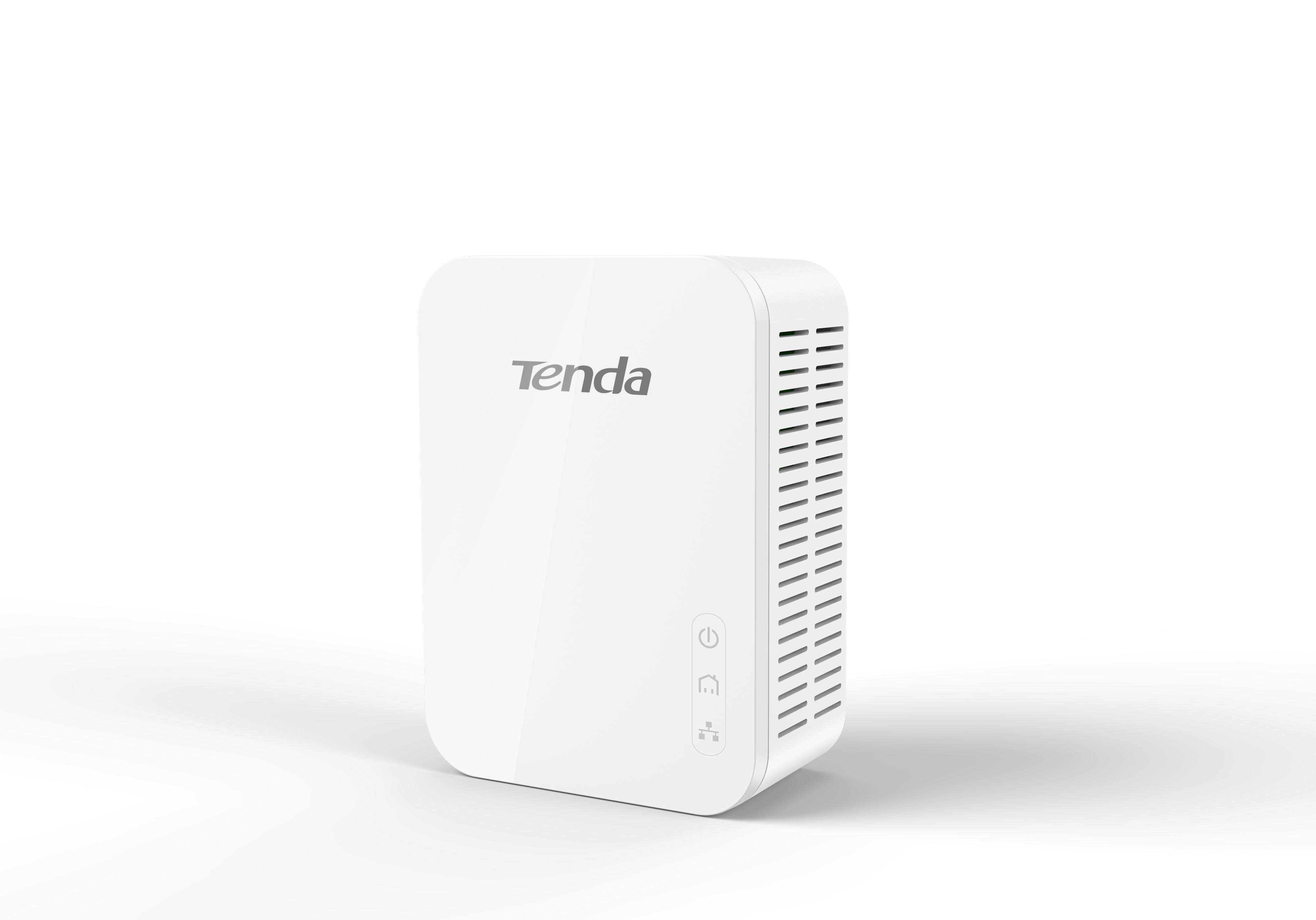 Weißes Router-Gerät. Weiß und rechteckig. Tenda-Logo. Strom- und Signalanzeigen. Weißer Hintergrund.