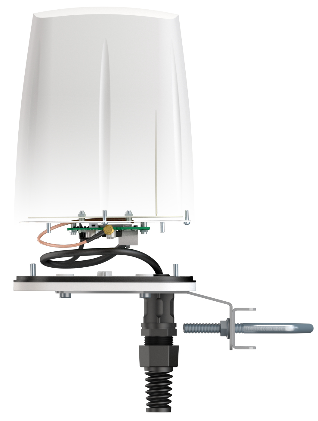 Biała antena z czarną podstawą i wspornikiem montażowym. Białe tło.