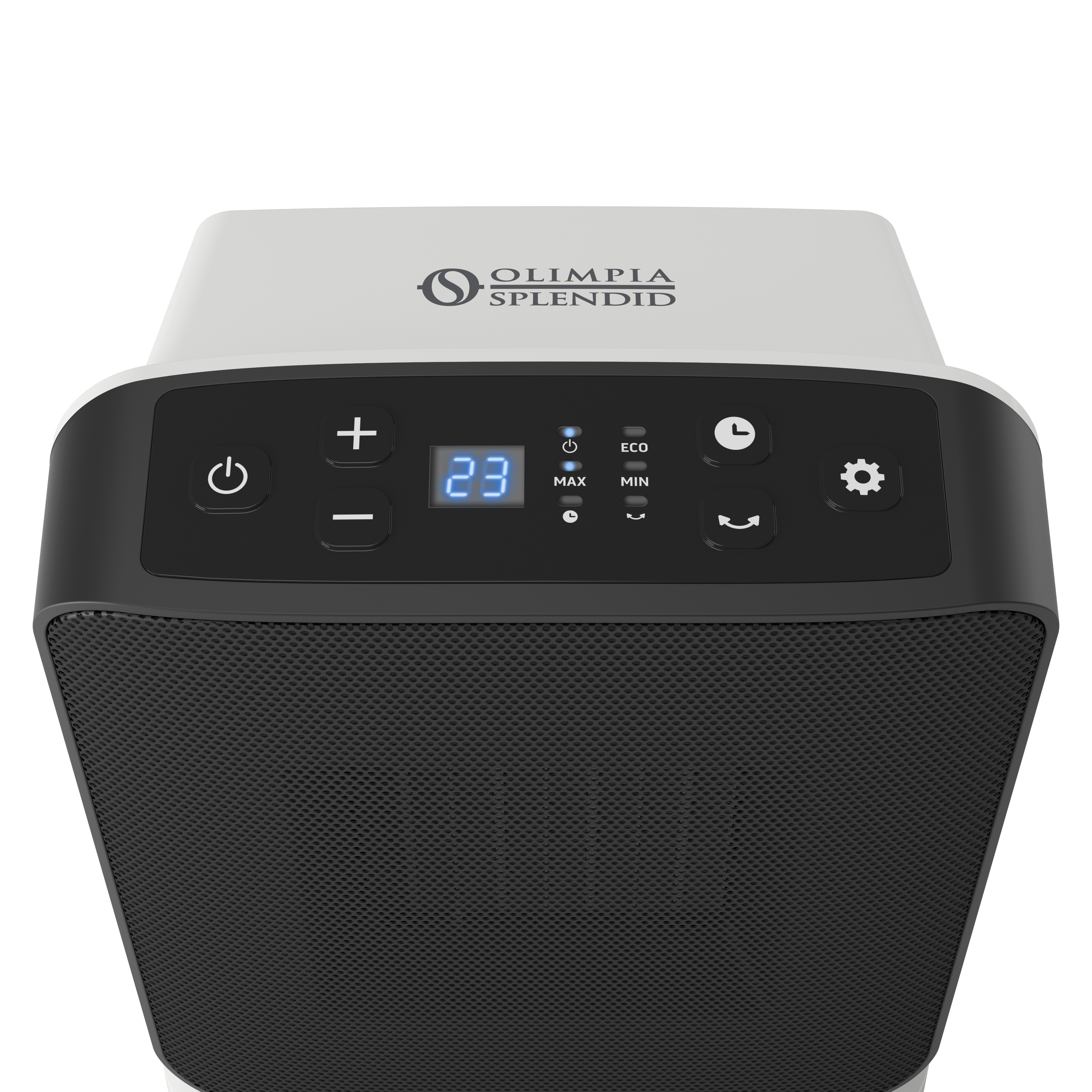 Een wit en zwart bedieningspaneel van de airconditioner met een digitaal display en knoppen.