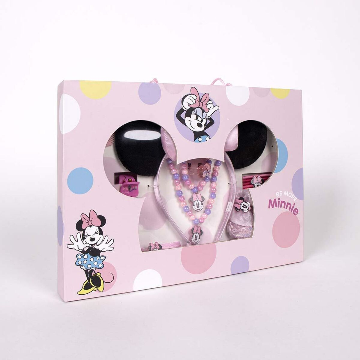 Ein rosa Minnie Mouse Geschenkset in einer Box. Es enthält eine Halskette, ein Stirnband und anderes Zubehör.
