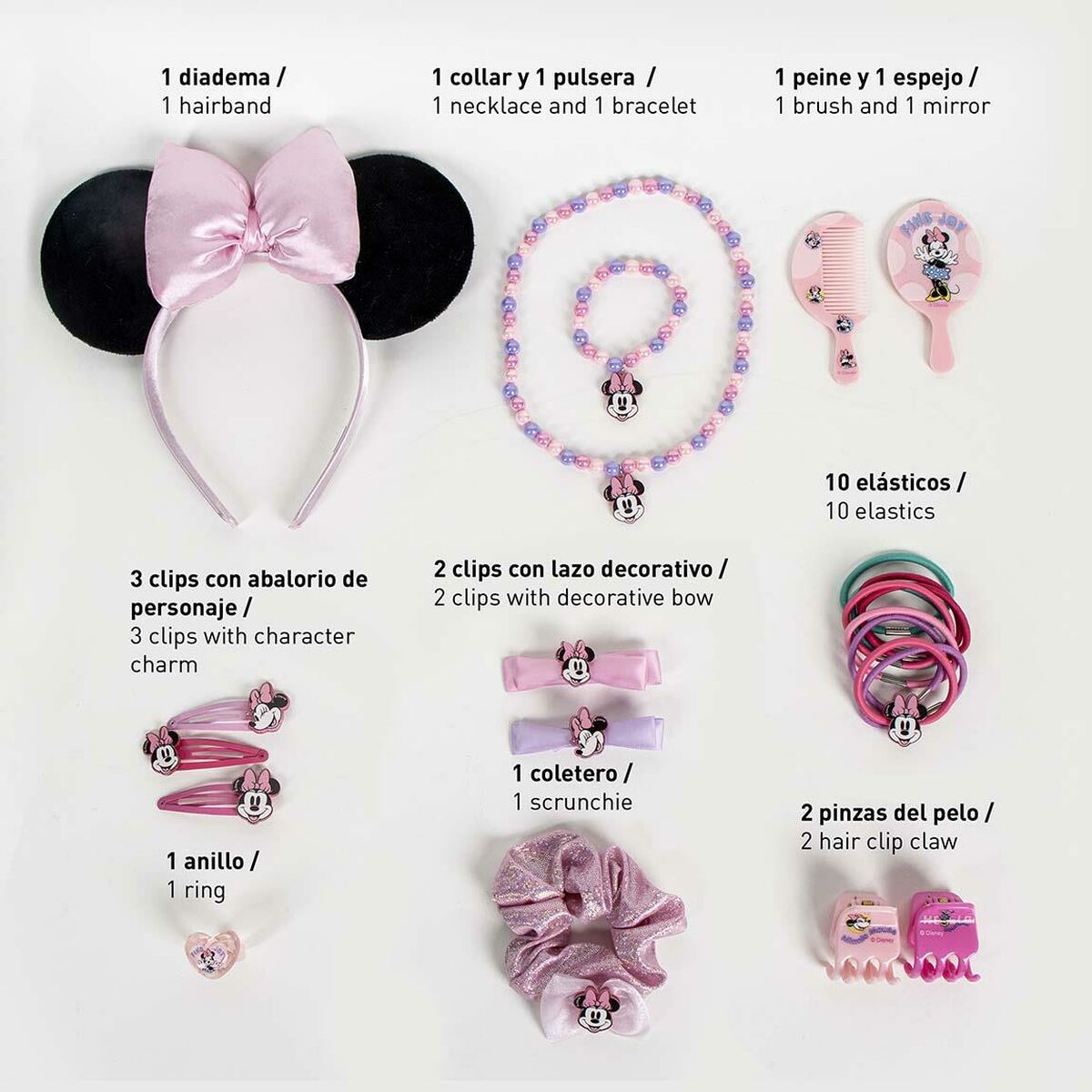 Sortiment an Accessoires: Minnie Mouse-Stirnband, Halskette, Haarspangen, Scrunchie und Haargummis.