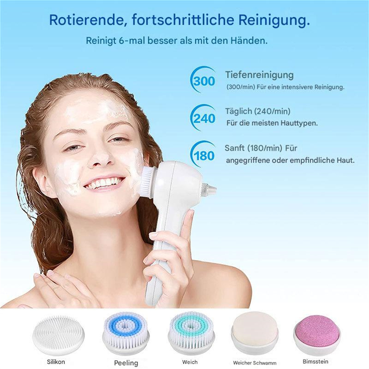 Eine Frau benutzt eine Gesichtsreinigungsbürste mit Text über Reinigungsmodi und Vorteile.
