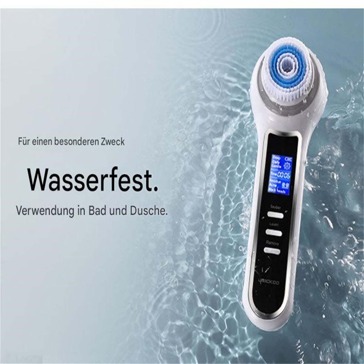 Gesichtsreinigungsbürste mit Wasser drumherum. Grauer Hintergrund. Text auf Deutsch.