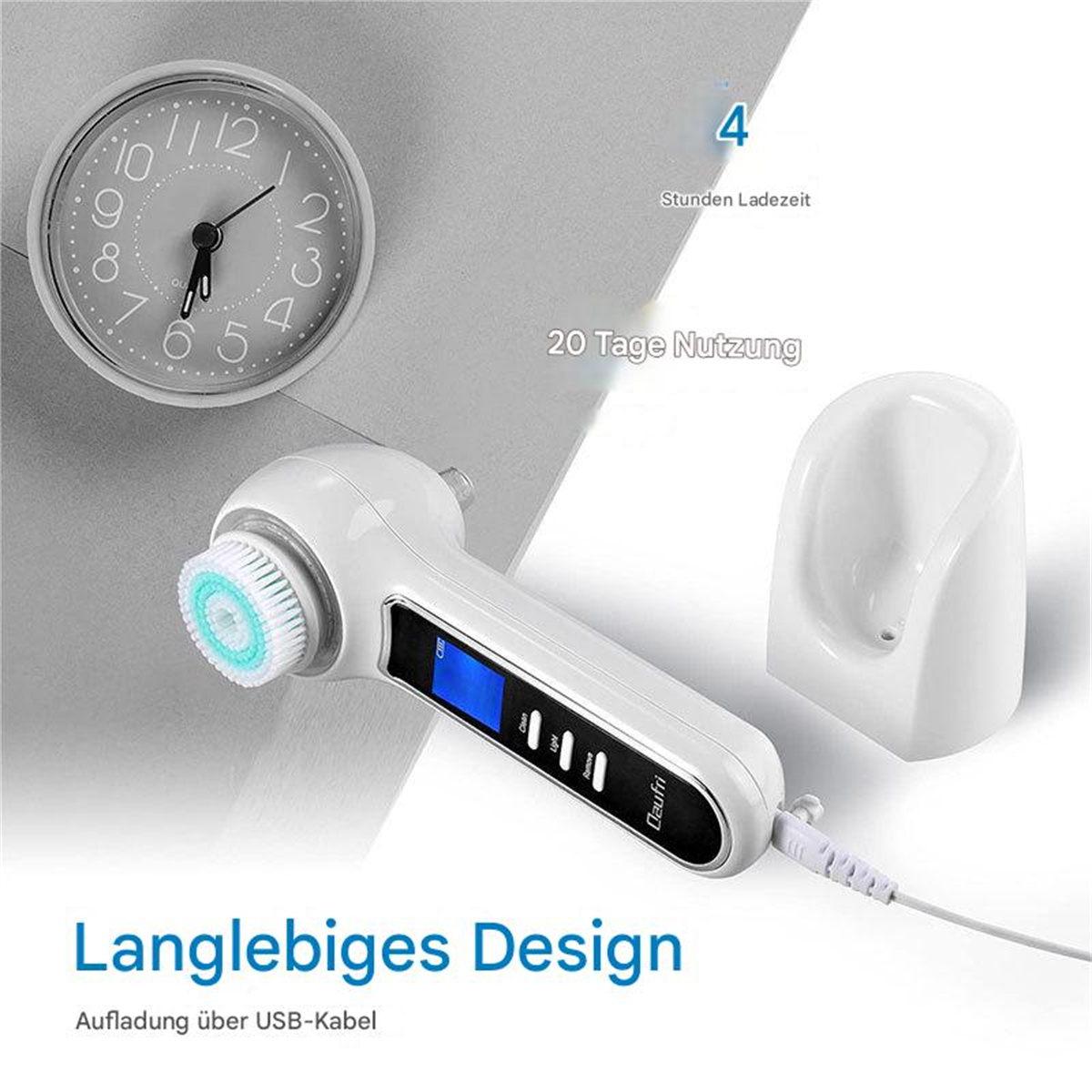 Weiße Gesichtsreinigungsbürste mit Uhr, Ladestation und USB-Kabel. Schwarzer Hintergrund.