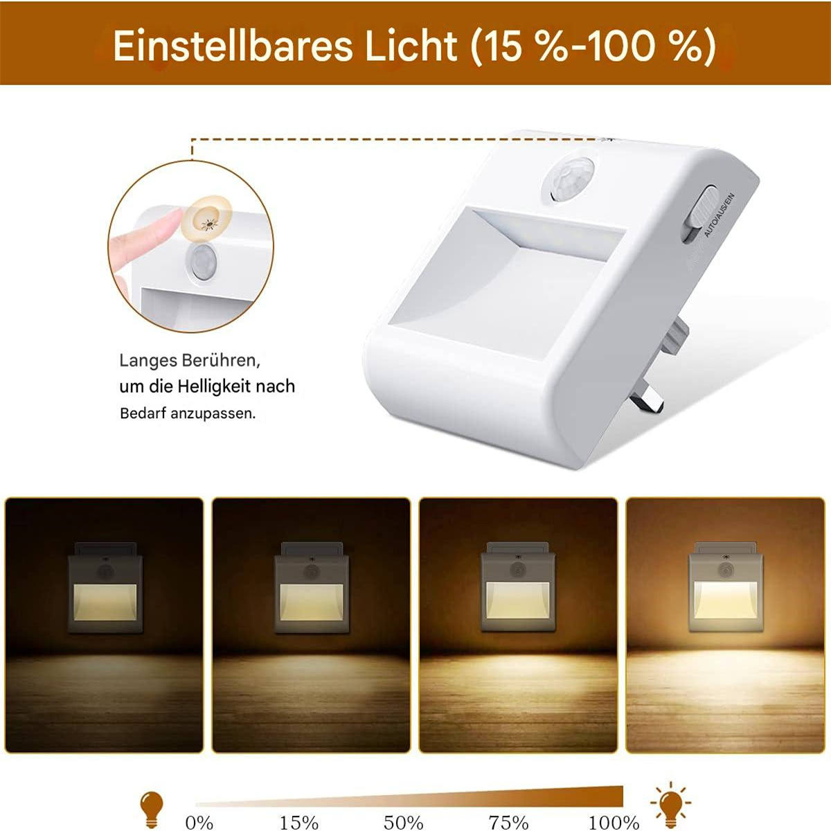 Weißes Nachtlicht mit einstellbaren Lichteinstellungen, dargestellt mit unterschiedlichen Helligkeitsstufen.