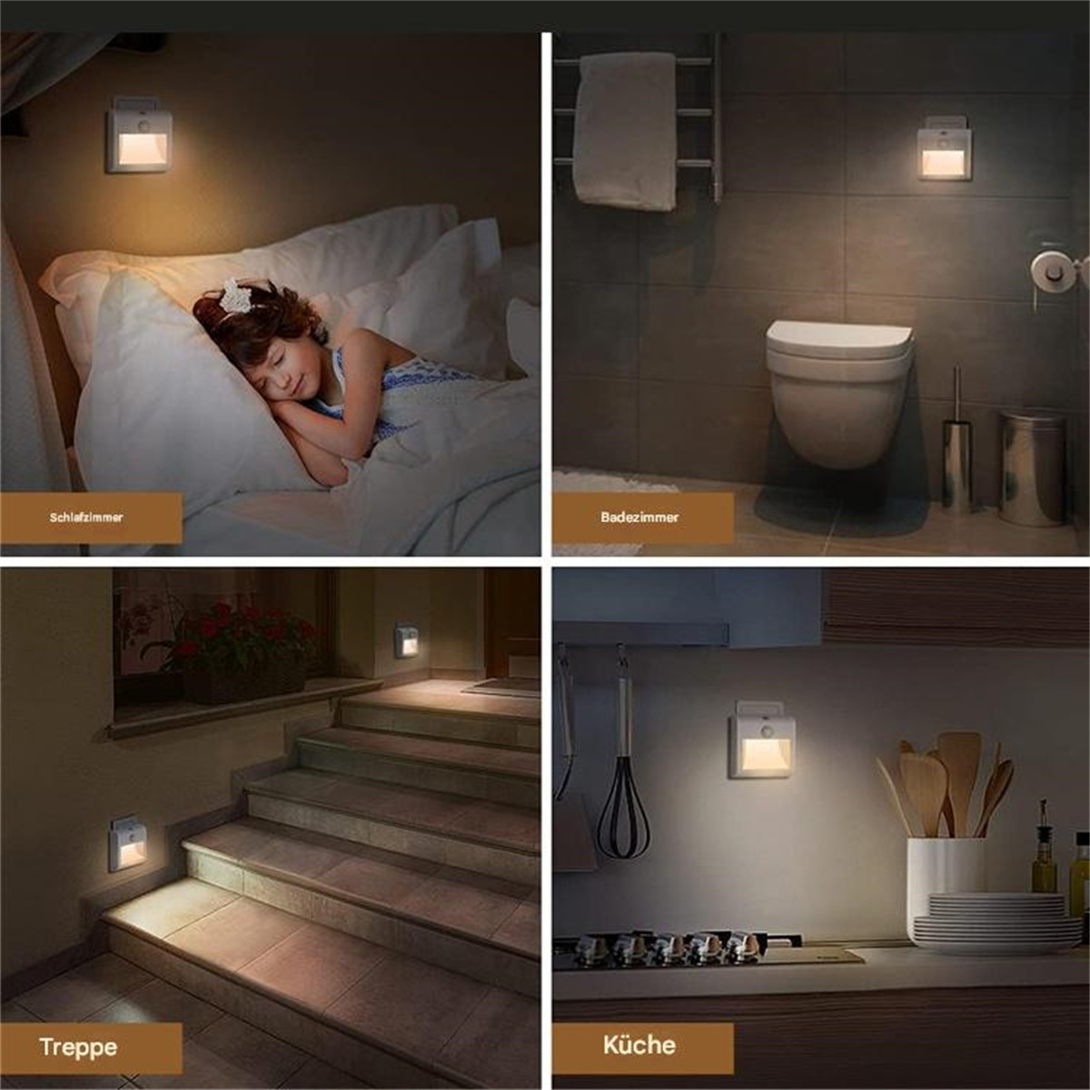 Vier Bilder mit Nachtlichtern in verschiedenen Umgebungen: Schlafzimmer, Badezimmer, Treppe und Küche.