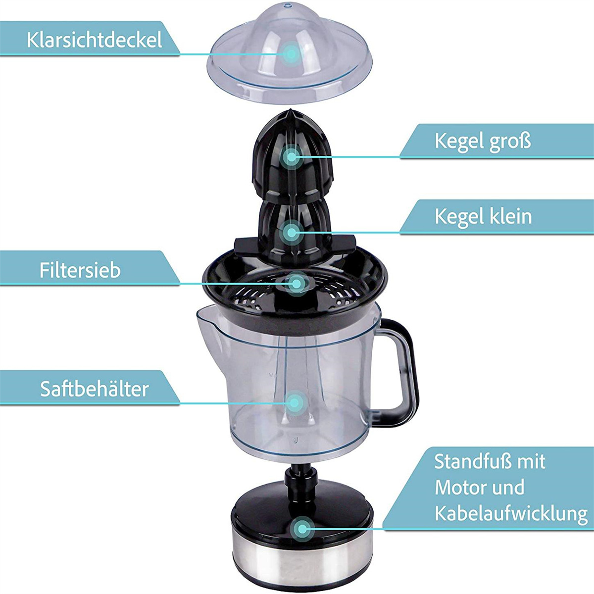 Zerkleinerungsansicht des Entsafters. Teile umfassen: Deckel, großer Kegel, kleiner Kegel, Filter, Behälter und Basis.