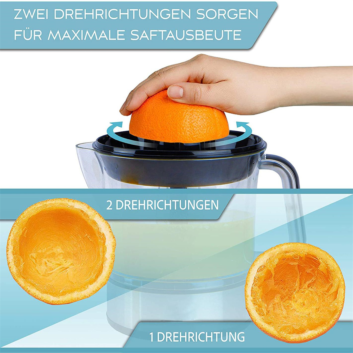 Frau presst Orange. Zwei Orangenhälften. Weißer Hintergrund.