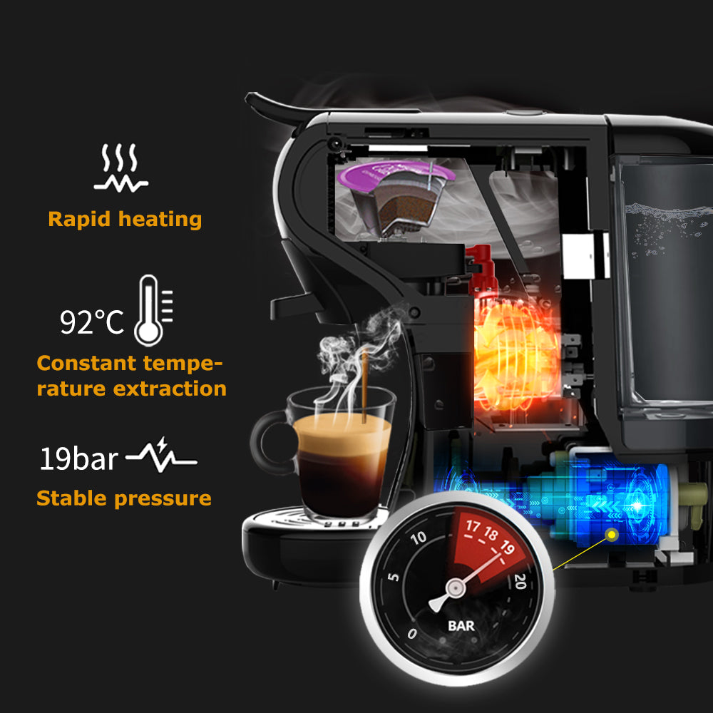 Una máquina de café, que muestra el proceso de elaboración con texto que indica las características.