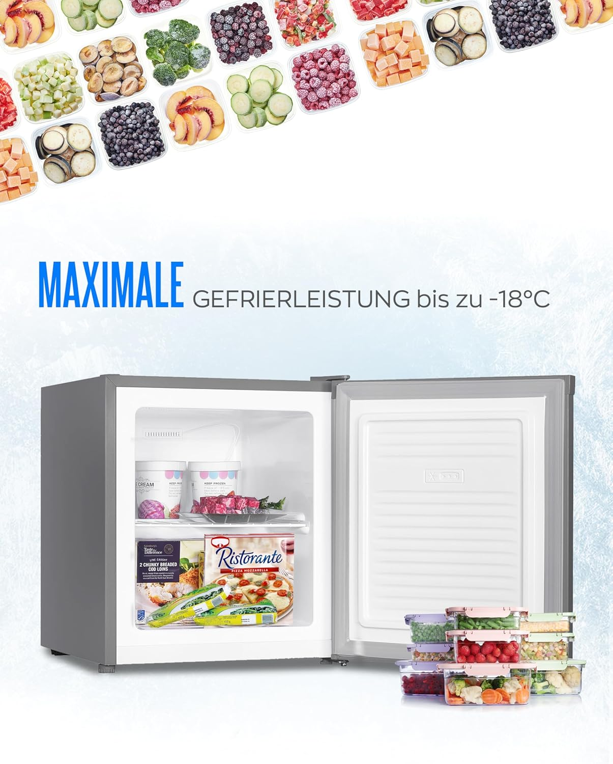 Minikühlschrank voller Lebensmittel, umgeben von Lebensmitteln.