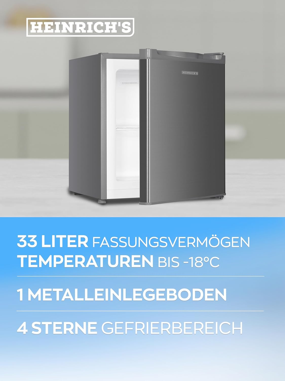 Kleiner grauer Kühlschrank mit offener Tür, Text mit Funktionen, weißer Hintergrund.