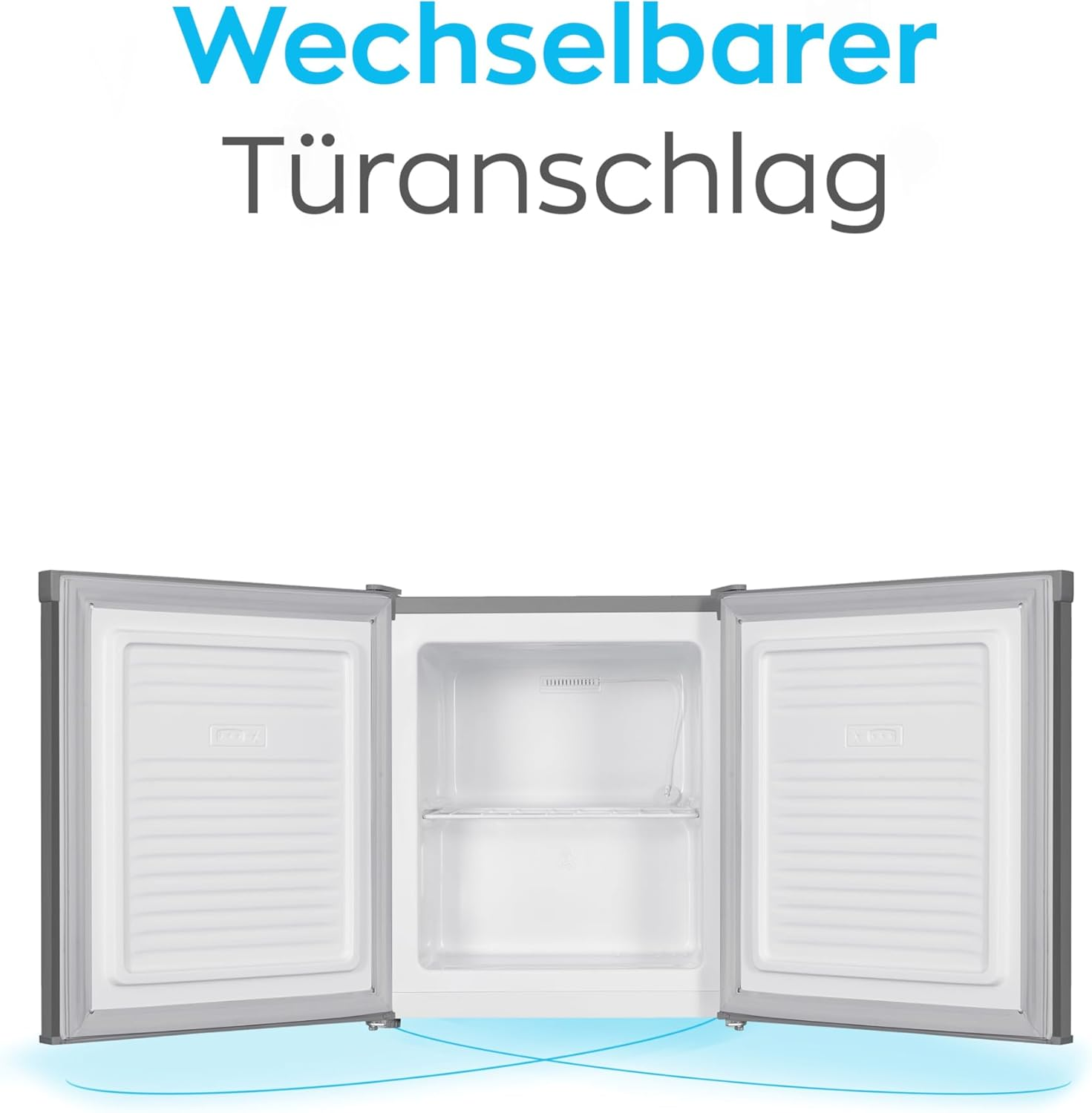 Ein Kühlschrank mit geöffneten Türen. Text auf Deutsch besagt, dass es sich um einen reversiblen Kühlschrank handelt.