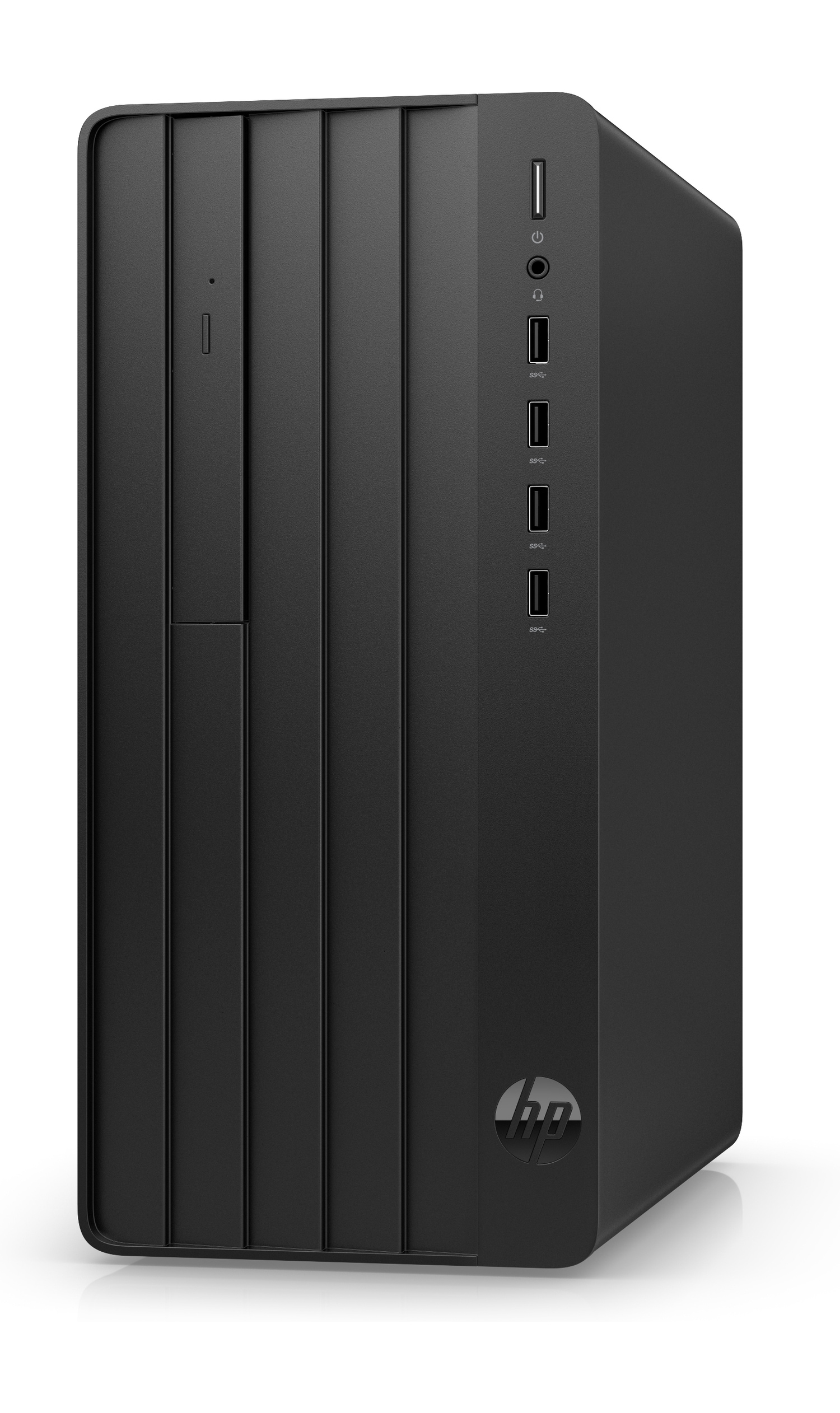 Torre per computer HP nera. Parte anteriore con linee verticali. Logo HP in basso a destra.
