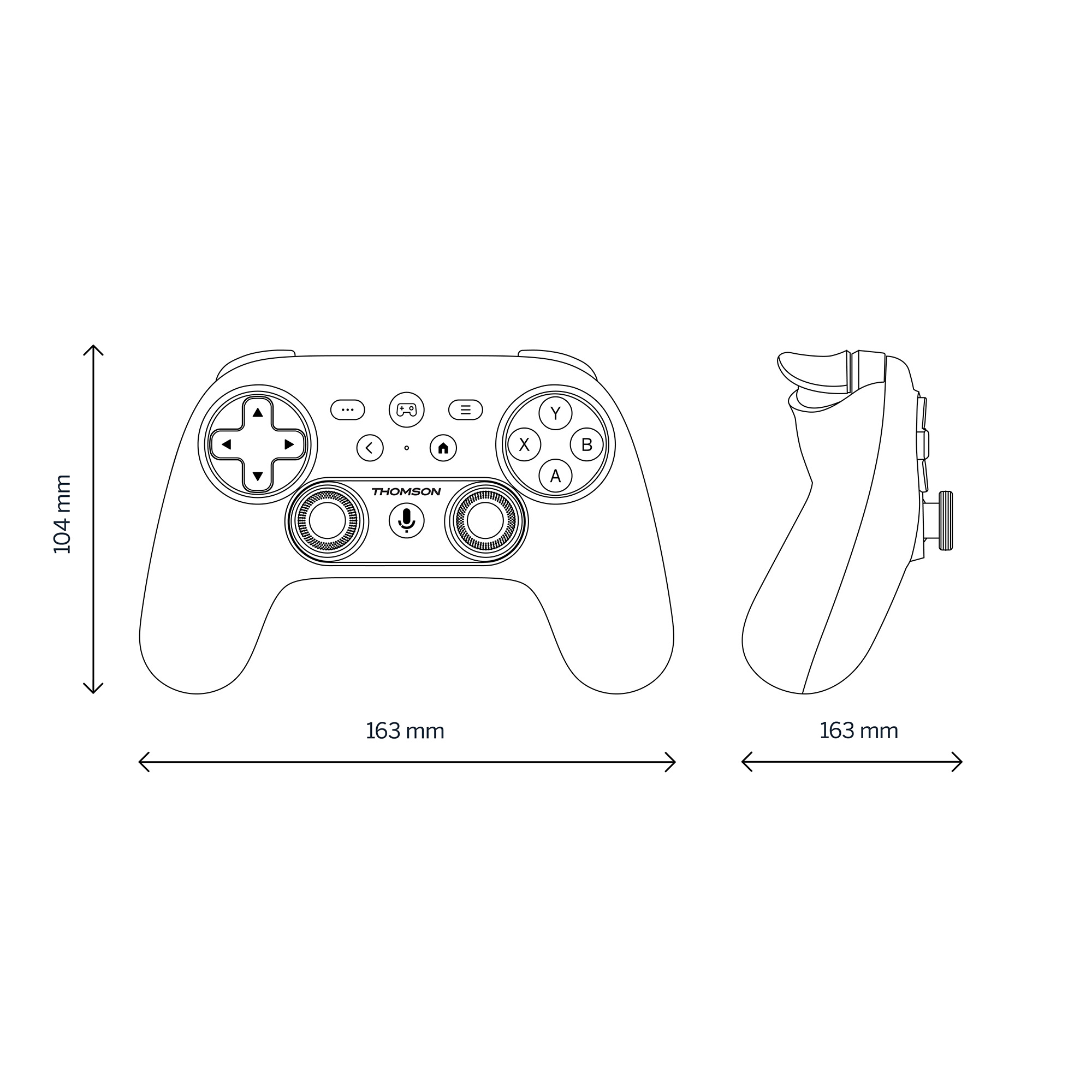 Black and white diagram of a game controller. Shows front and side views, with dimensions.