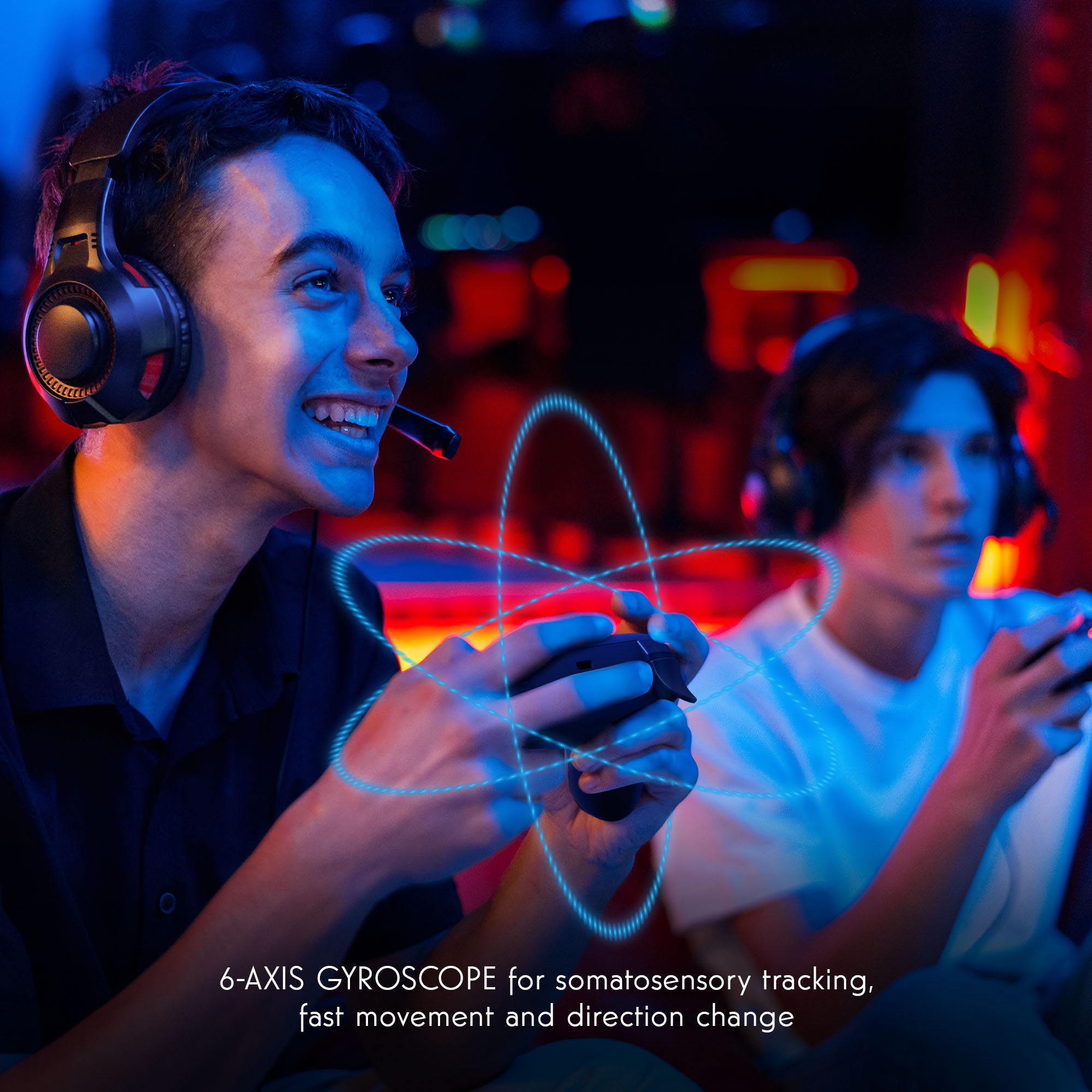 Two young men playing video games with headsets. Blue light patterns surround the controllers.