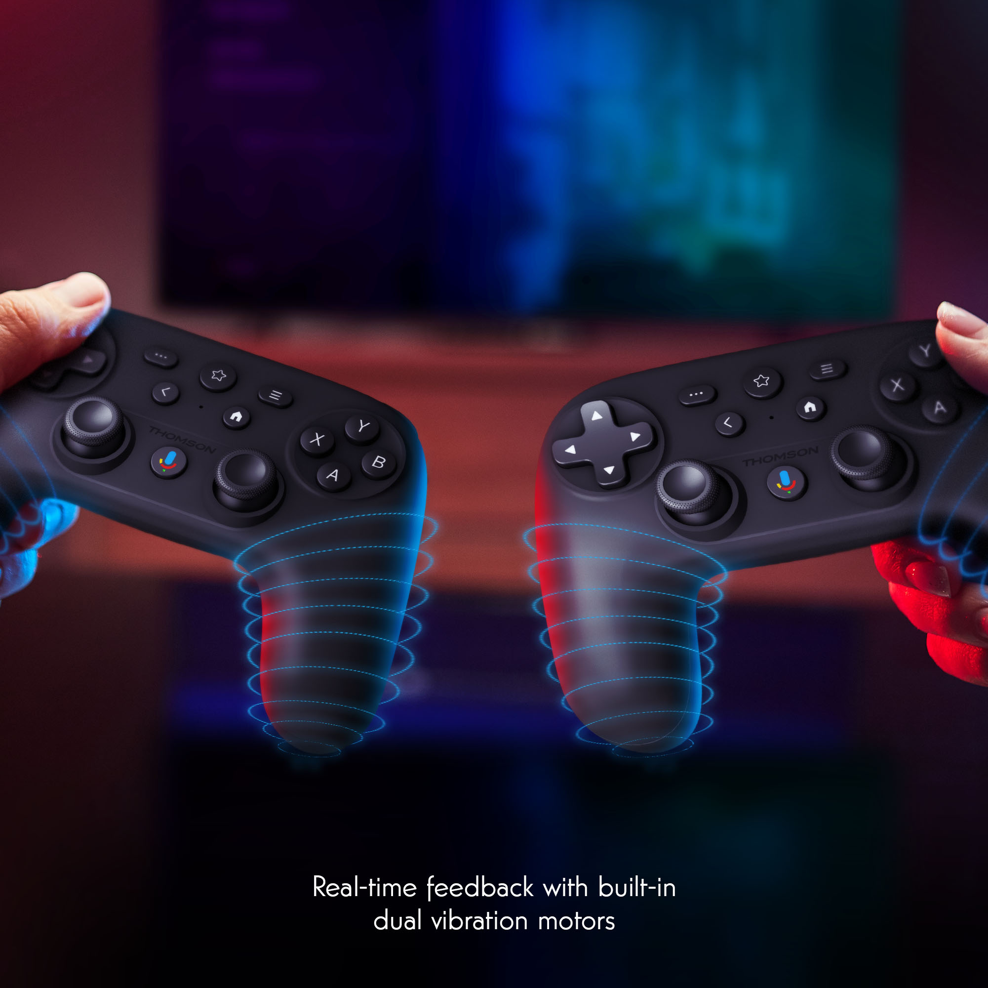Two black game controllers with blue light trails, held by hands, on a dark background.