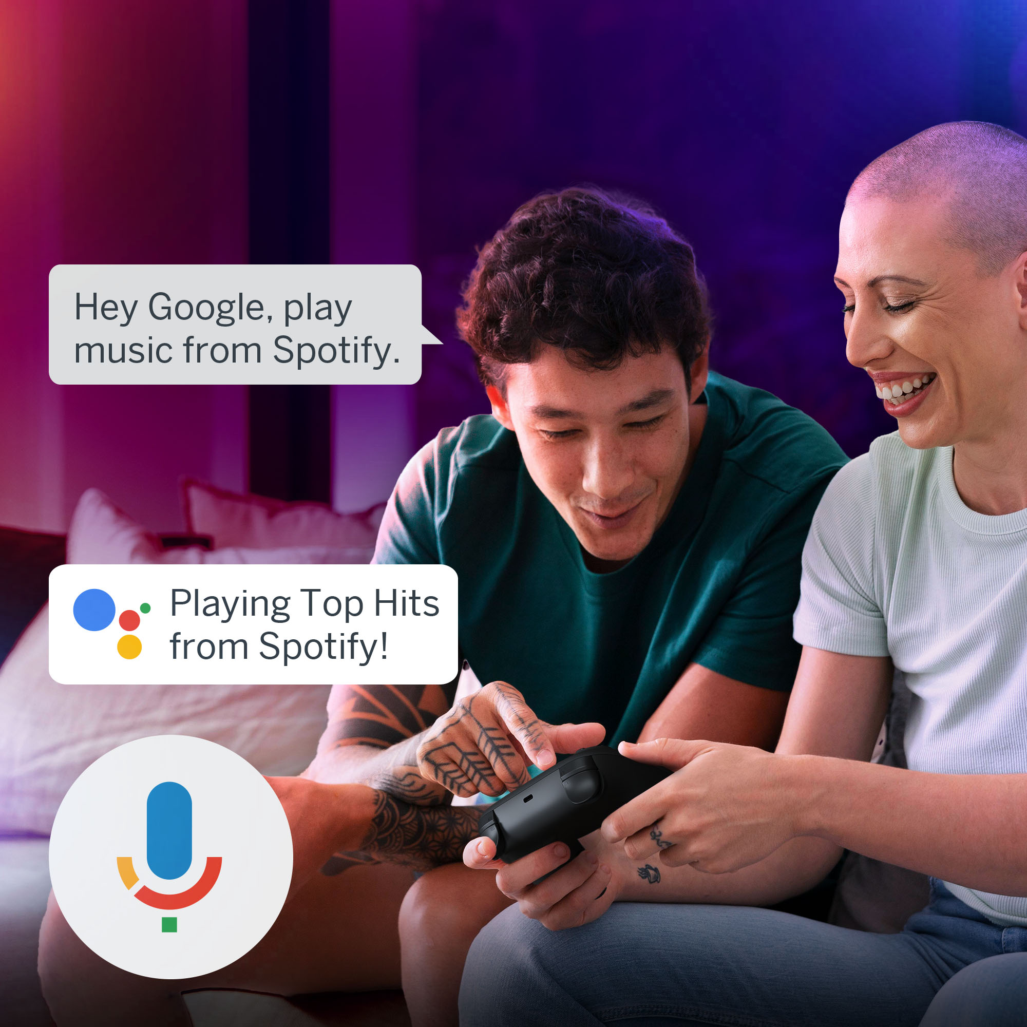Two people interacting with a smart speaker. Speech bubble says 'Hey Google'. White background.
