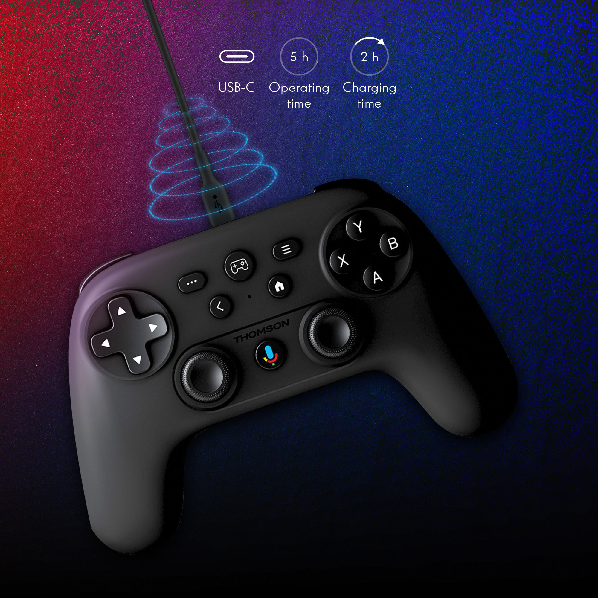 Black game controller connected to a cable, with icons and buttons.