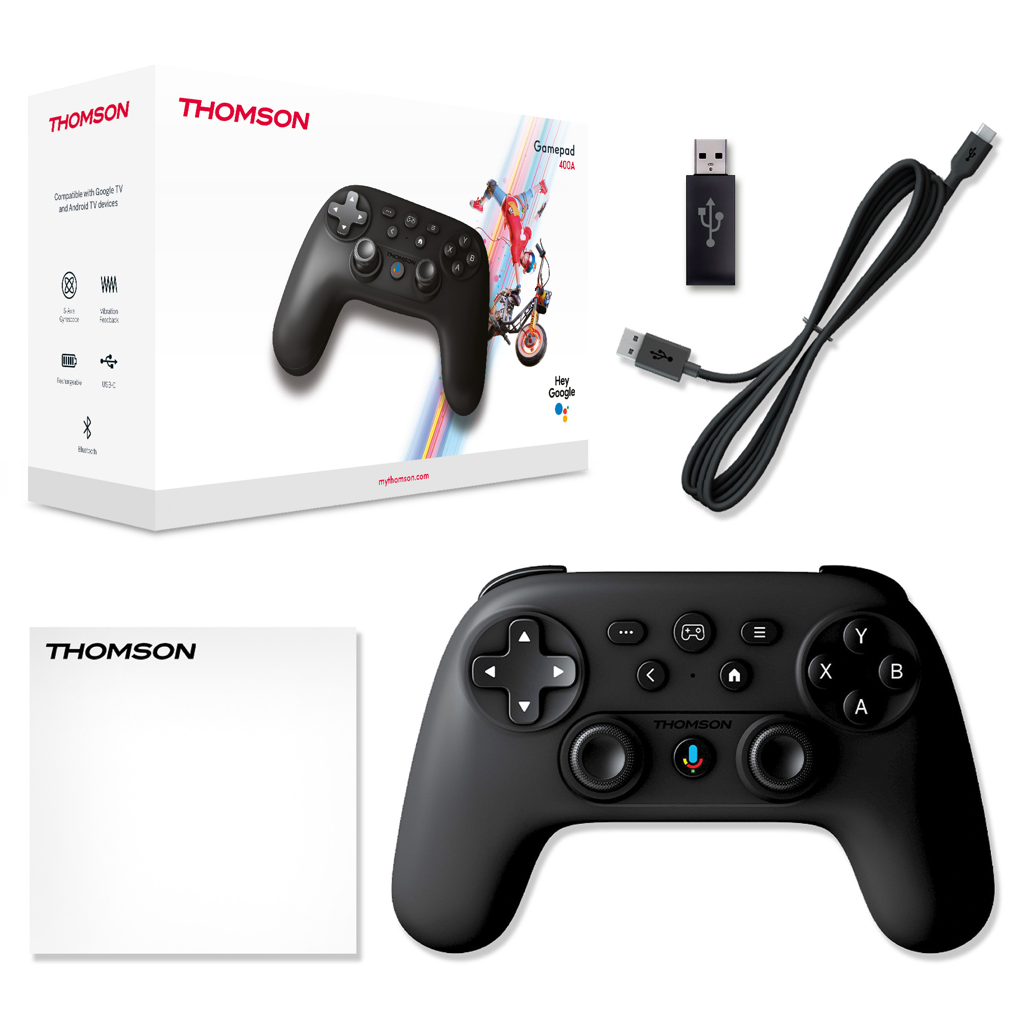 Gaming controller with box, USB cable, and USB adapter on white background.