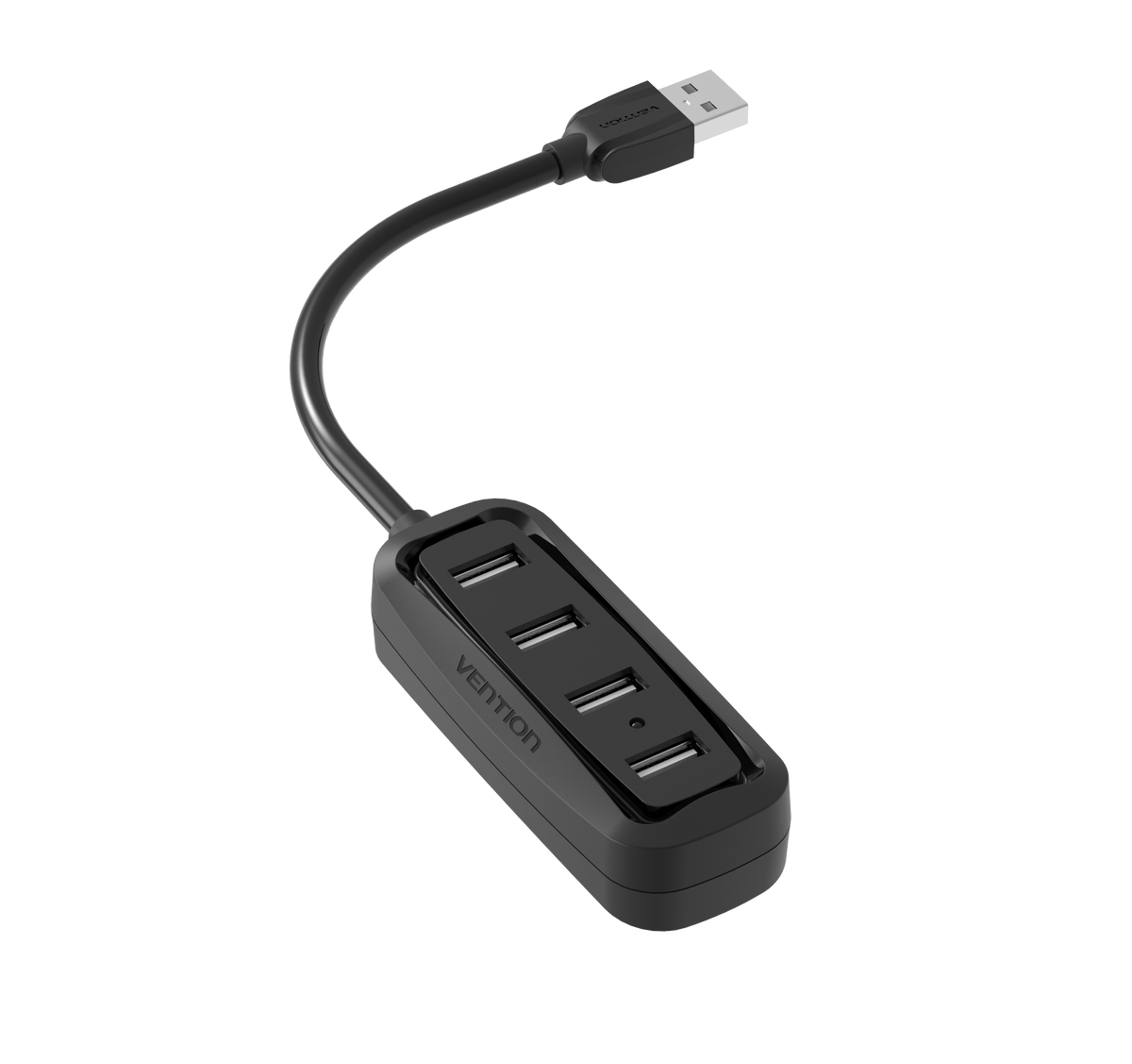 Hub USB nero con 4 porte e connettore USB. Cavo nero, sfondo bianco.