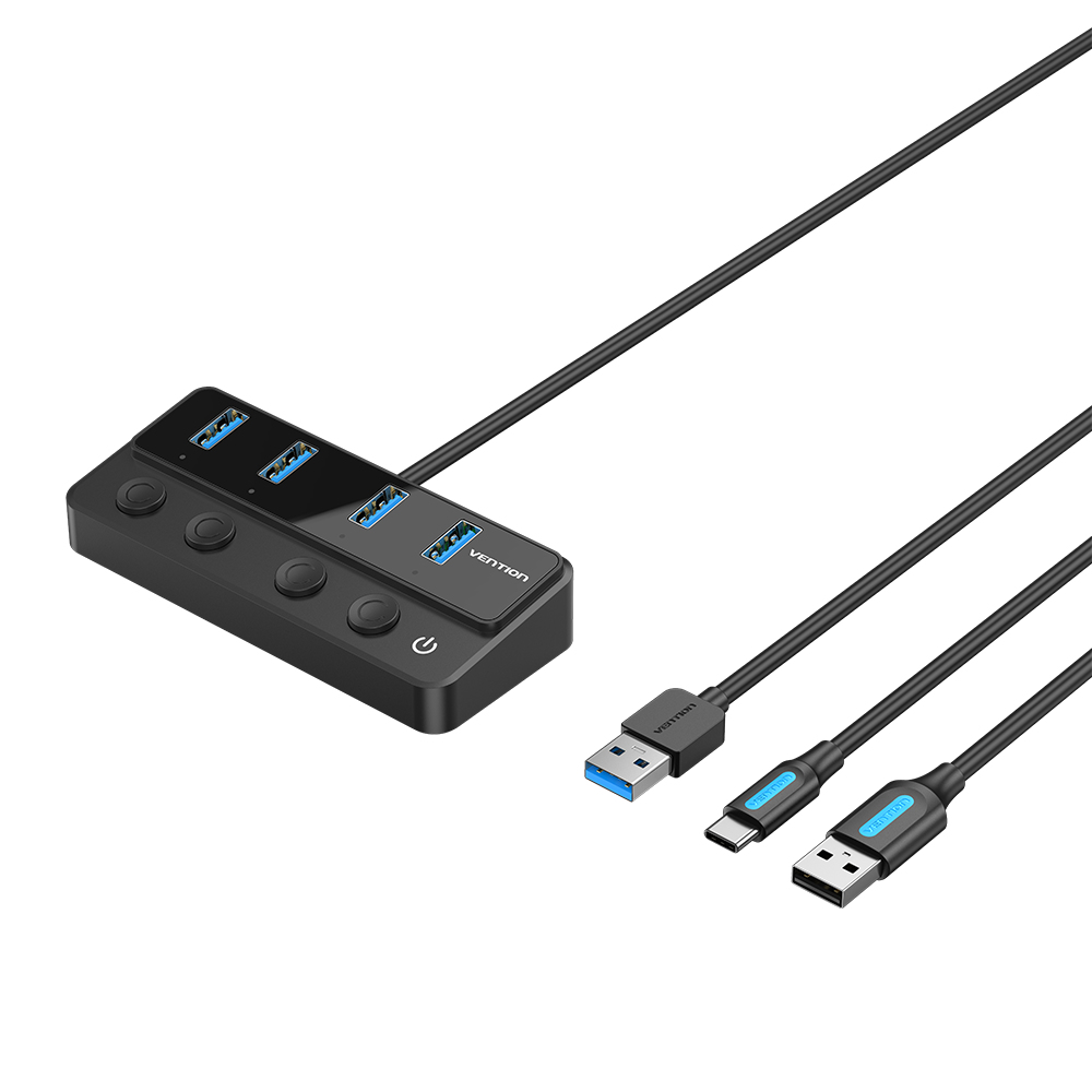 Hub USB nero con porte USB e tre cavi collegati, sfondo bianco.